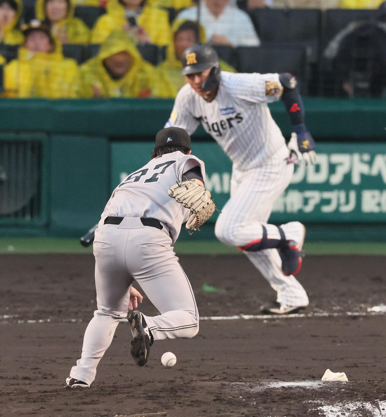 阪神対巨人　4回裏阪神1死三塁、阪神大山悠輔の投ゴロで巨人井上温大の本塁が剃れるが捕手大城卓三の好守でアウトとなる阪神佐藤輝明（撮影・宮崎幸一）