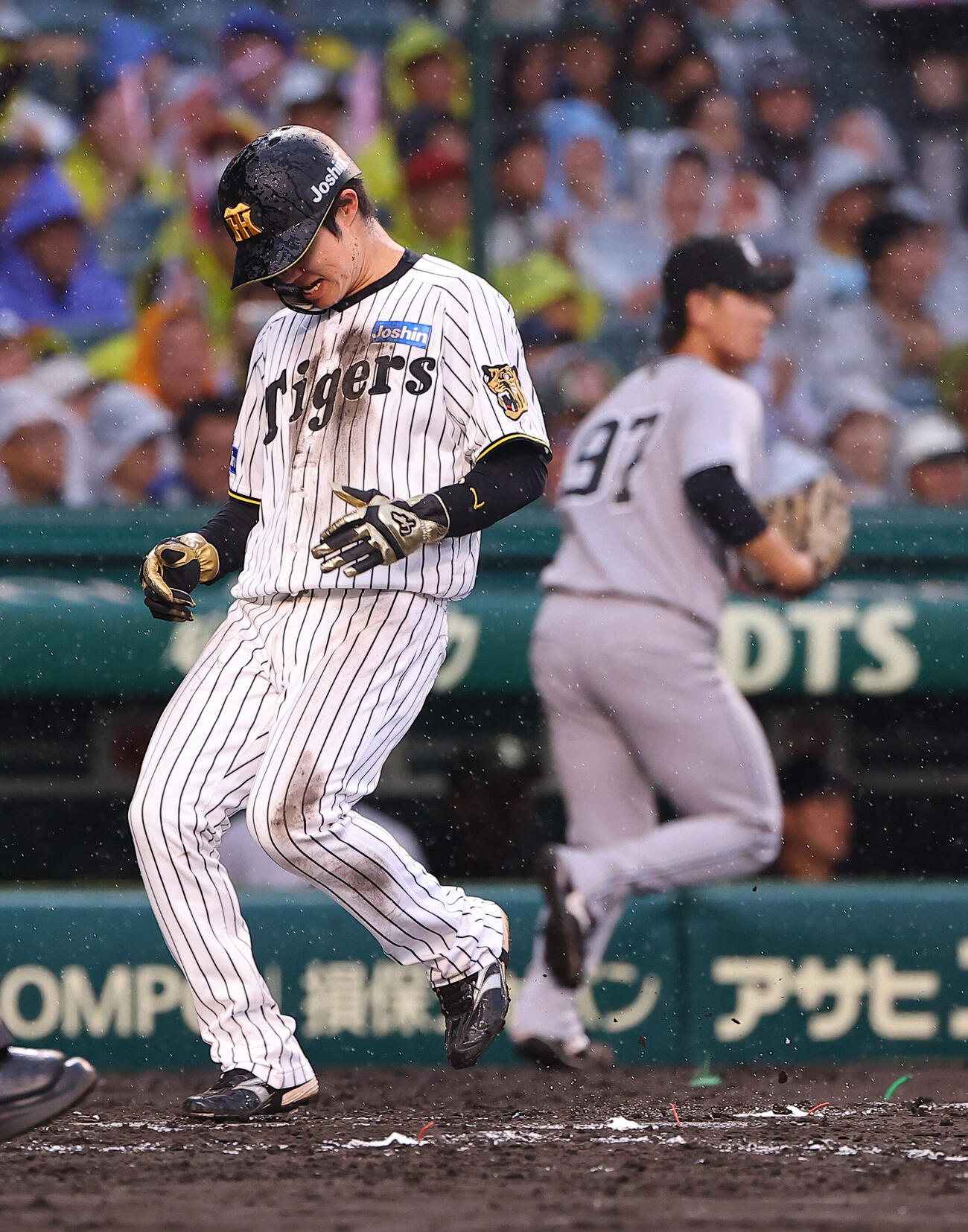 阪神対巨人　4回裏阪神1死一塁、中野拓夢は佐藤輝明の先制適時三塁打で生還する（撮影・上田博志）