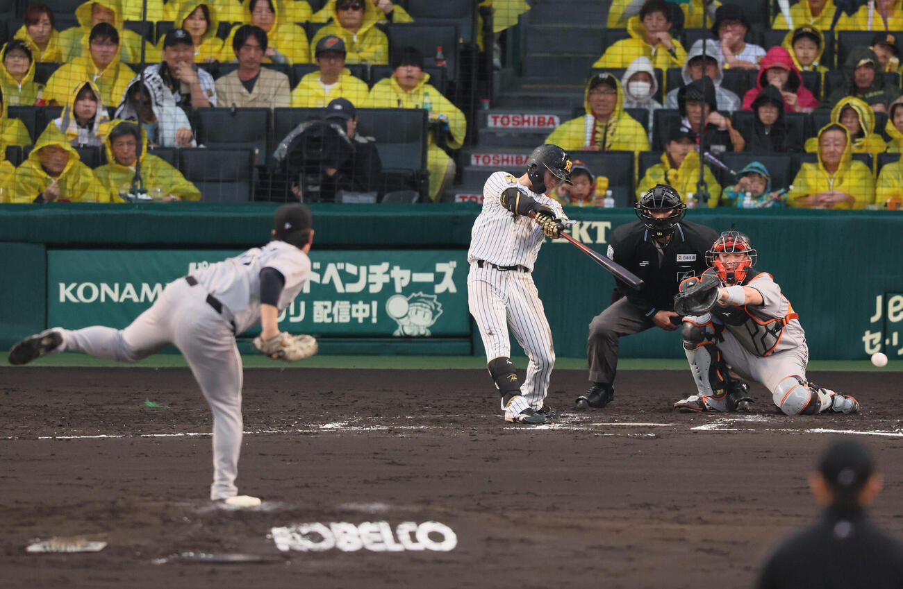 阪神対巨人　4回裏阪神無死、阪神中野拓夢は左前打を放つ（撮影・宮崎幸一）