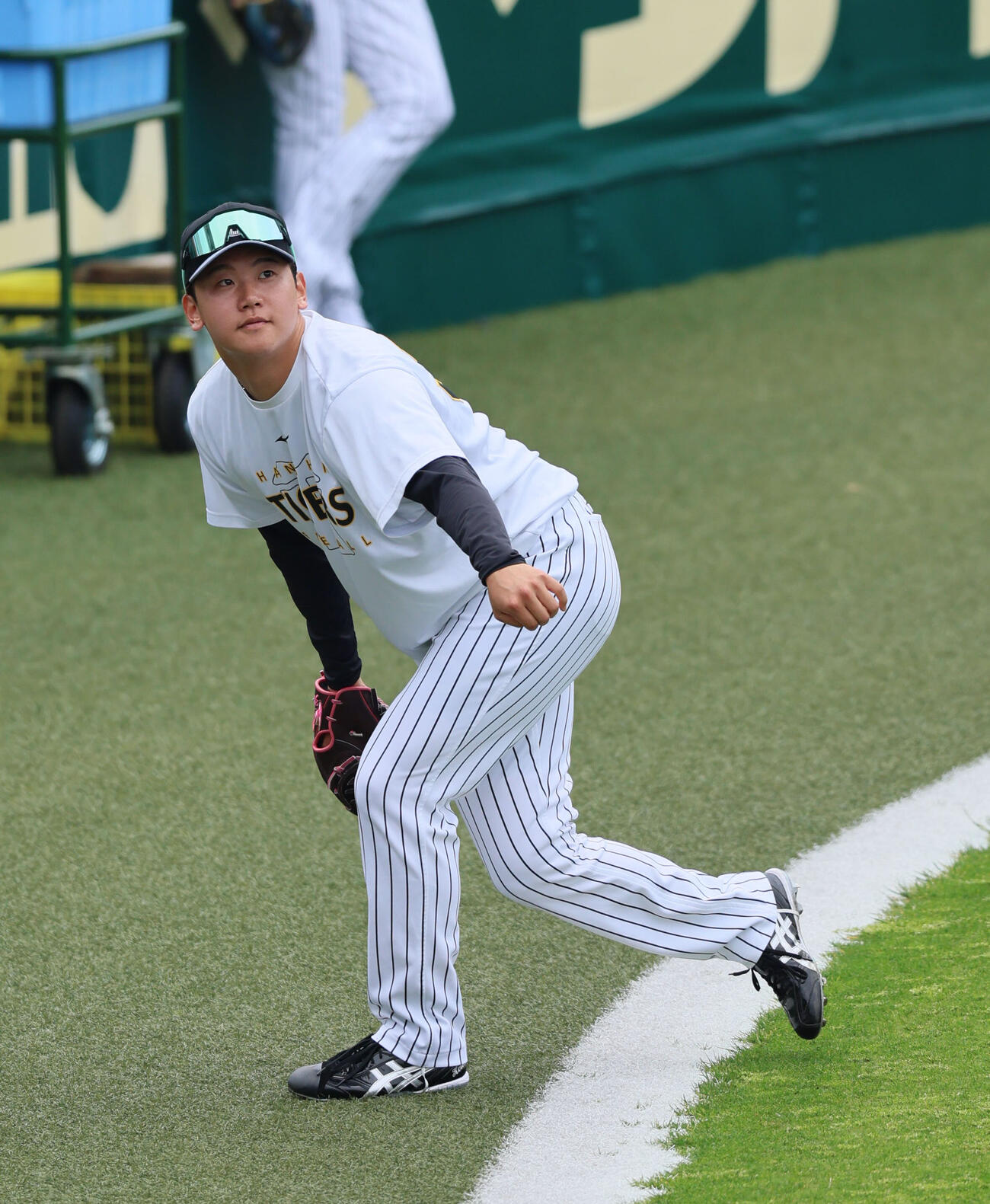 阪神対巨人　キャッチボールする阪神門別啓人　（撮影・宮崎幸一）