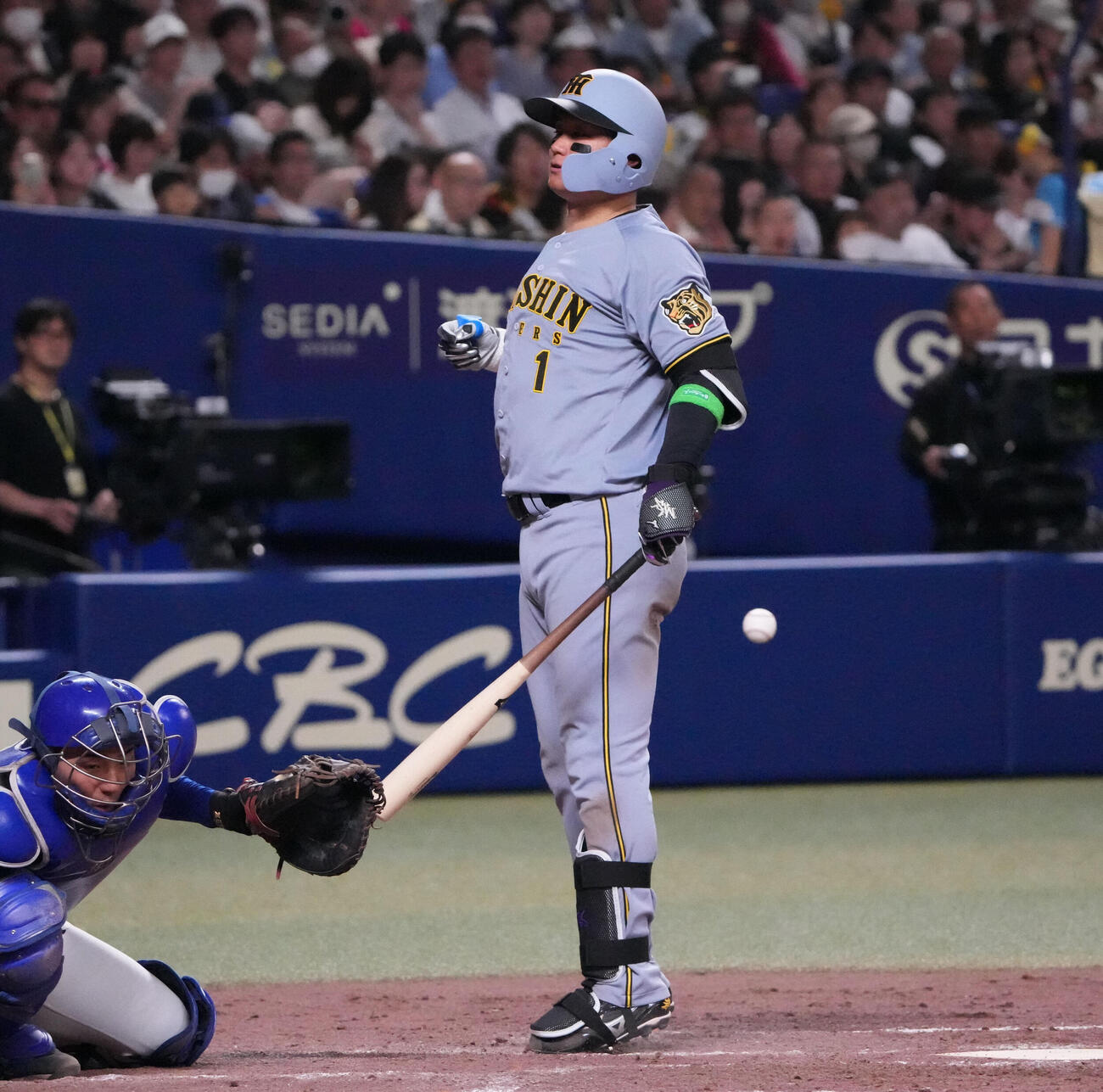 中日対阪神　5回表阪神無死、死球を受ける森下翔太（撮影・森本幸一）