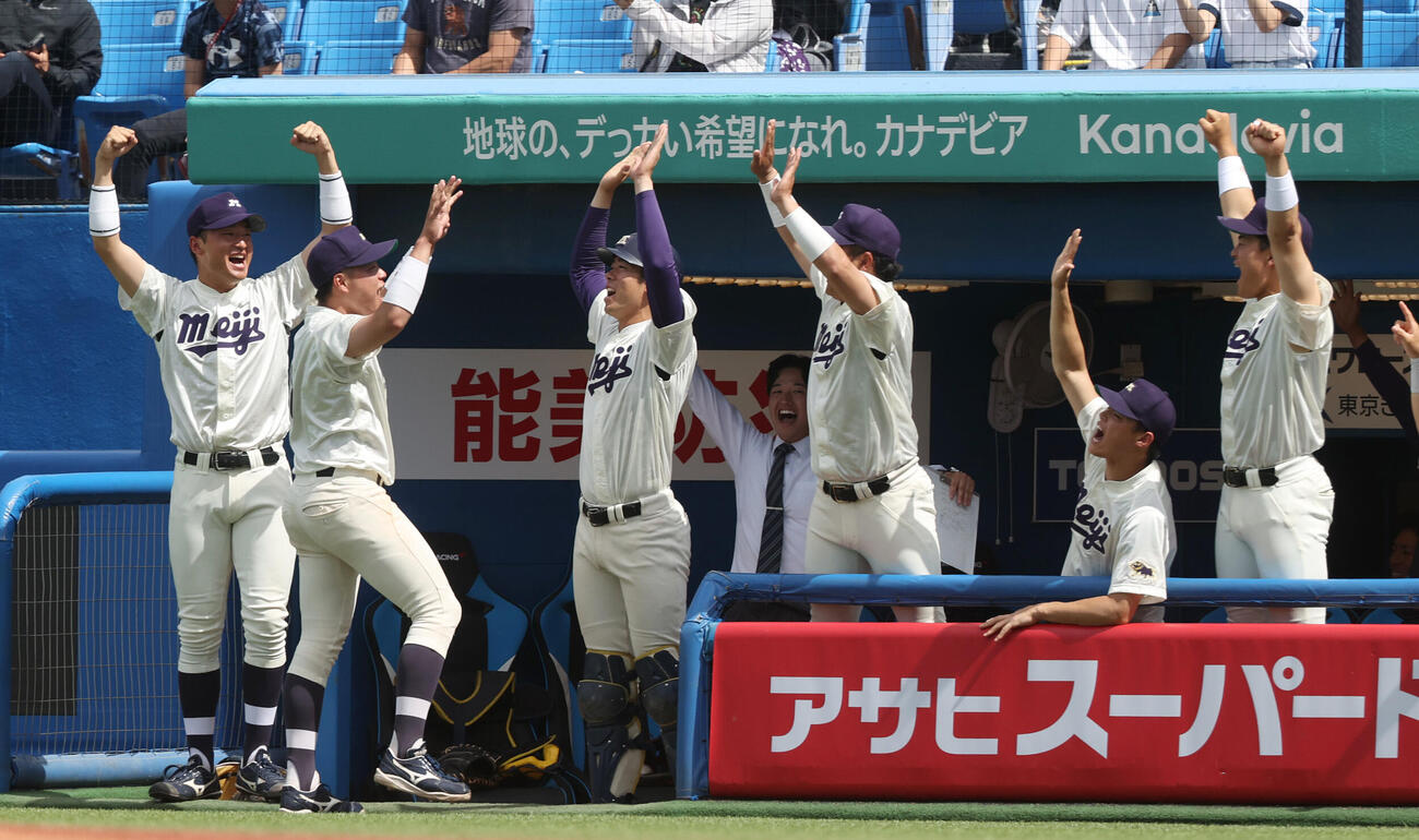 東京6大学野球　立大対明大　2回裏明大2死、榊原七斗の本塁打に喜ぶ明大ナイン（撮影・柴田隆二）