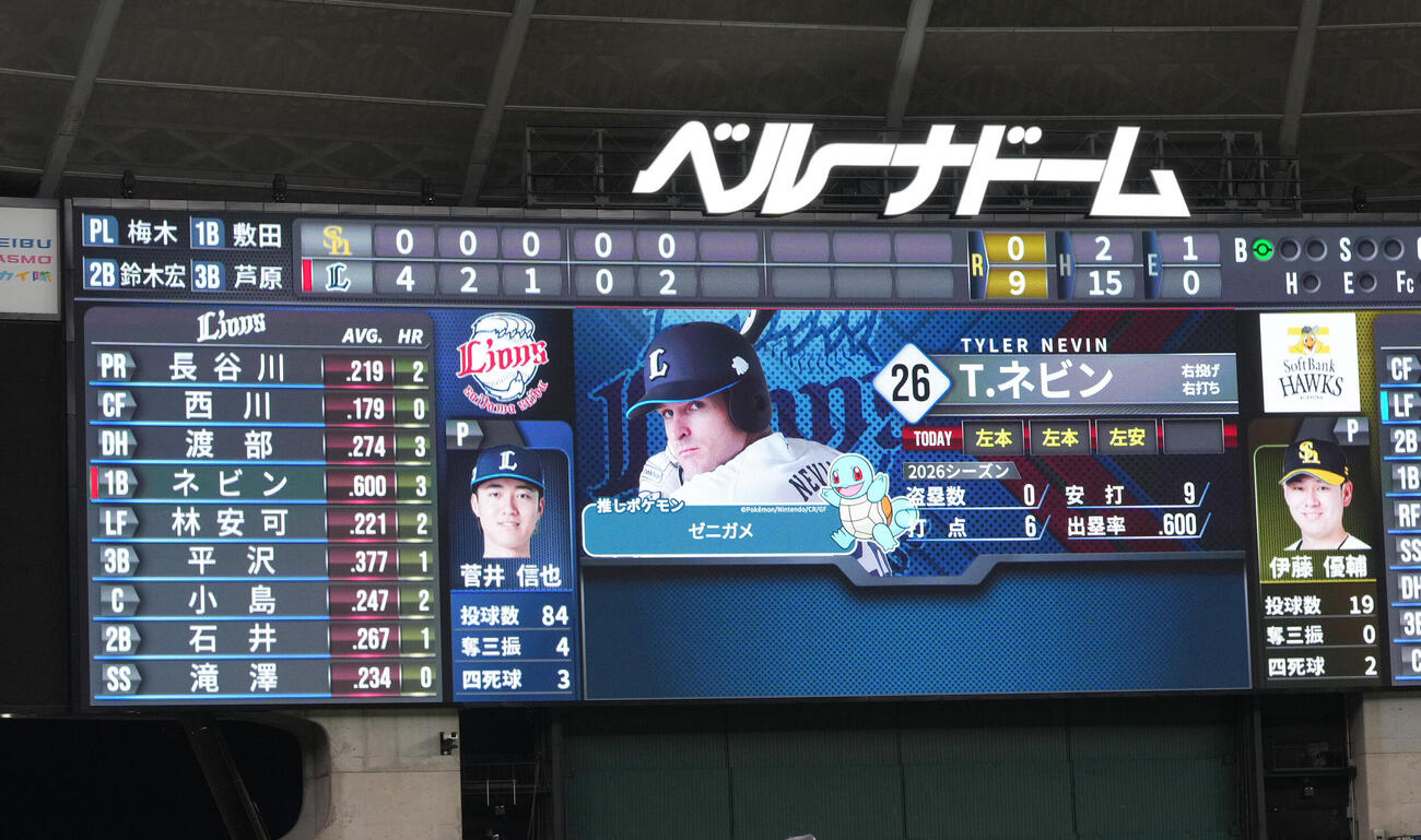 西武対ソフトバンク　西武タイラー・ネビンのポケモンコラボ選手紹介映像（撮影・足立雅史）