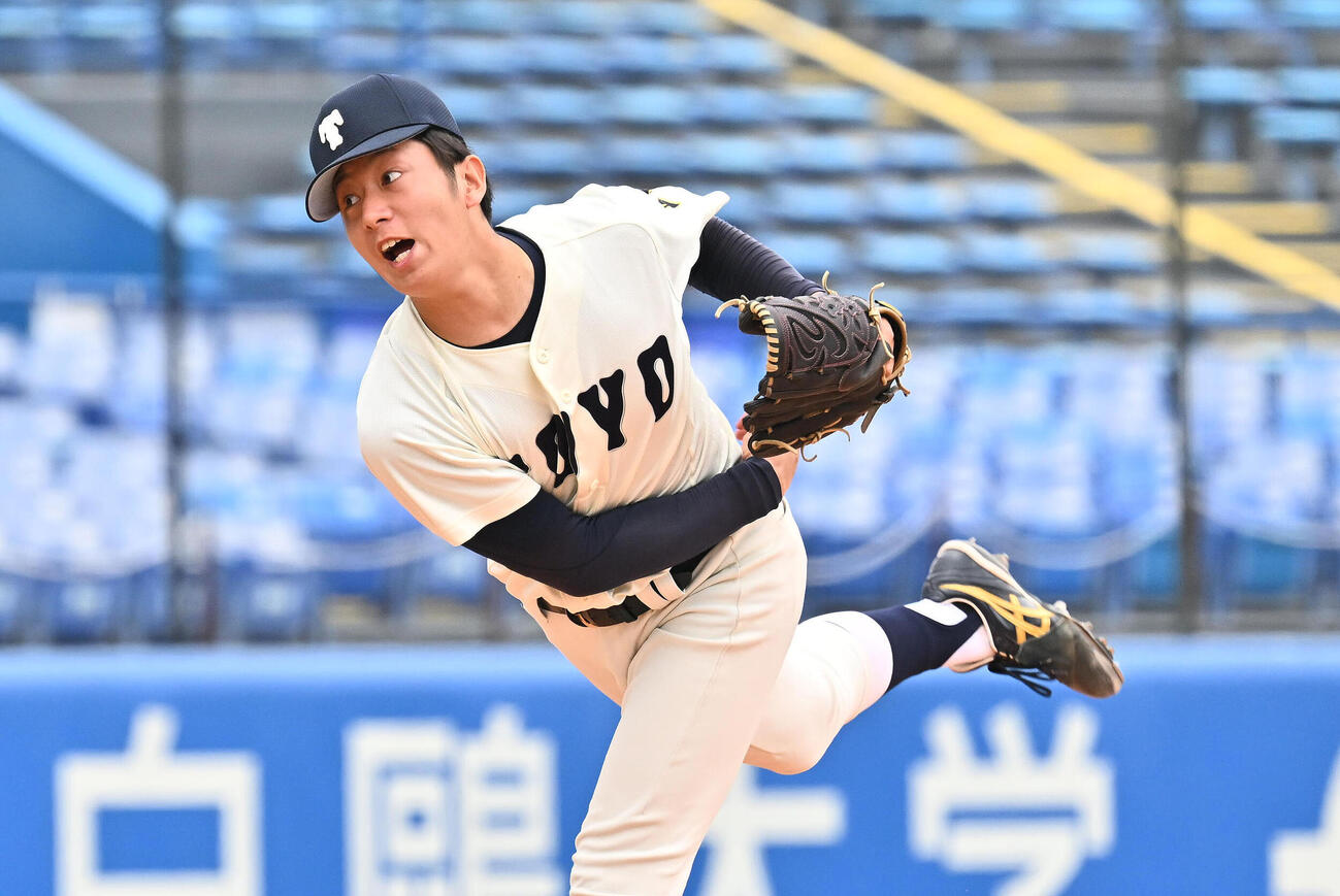 東洋大対青学大　東洋大先発の石沢順平（撮影・滝沢徹郎）