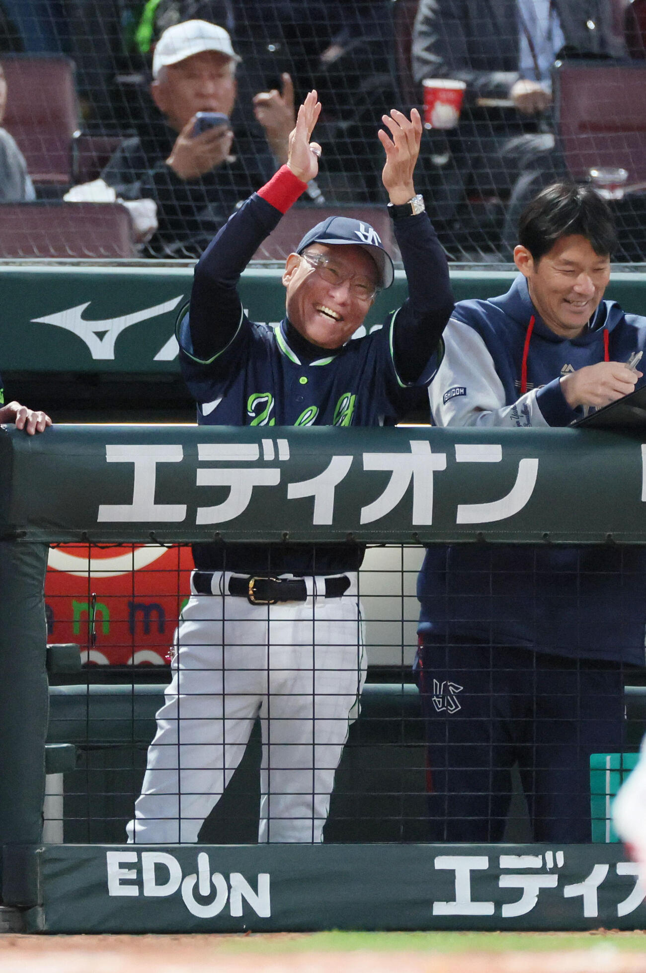 広島対ヤクルト　4回表ヤクルト1死一、三塁、高梨裕稔の右前適時打に大喜びのヤクルト池山隆寛監督（撮影・加藤孝規）