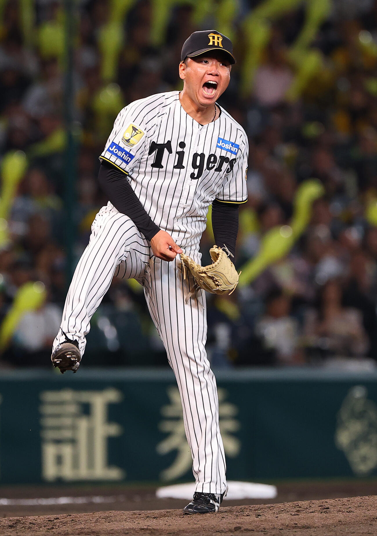 阪神対DeNA 7回表DeNA2死一、二塁、ヒュンメルから三振を奪い雄たけびを上げる村上頌樹（撮影・上田博志）