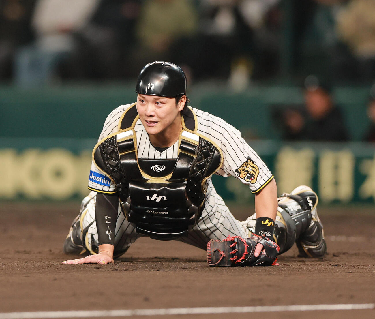 阪神対DeNA 9回表DeNA無死一、二塁、伏見寅威は林琢真のバントで三塁に悪送球する（撮影・上山淳一）