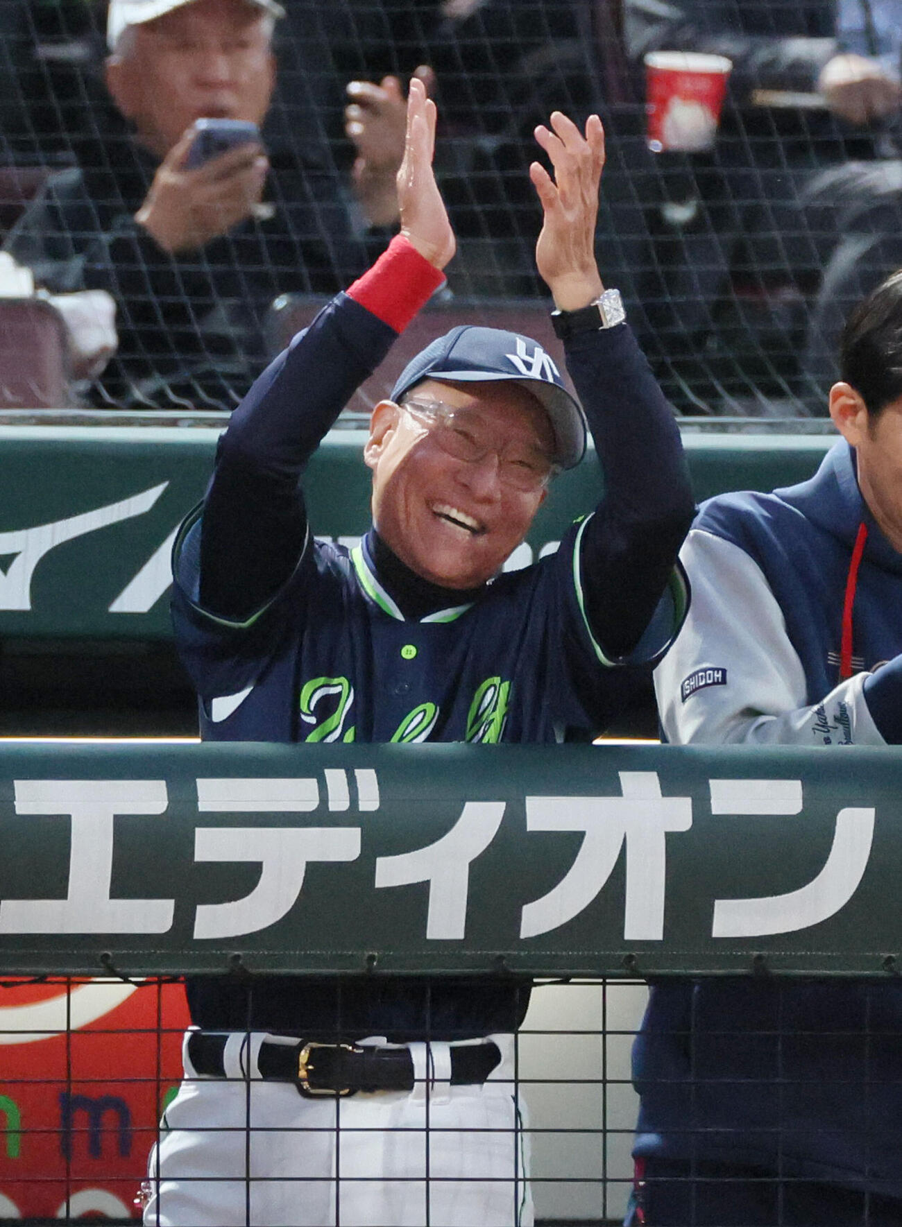 広島対ヤクルト　4回表ヤクルト1死一、三塁、高梨裕稔の右前適時打に大喜びのヤクルト池山隆寛監督（撮影・加藤孝規）