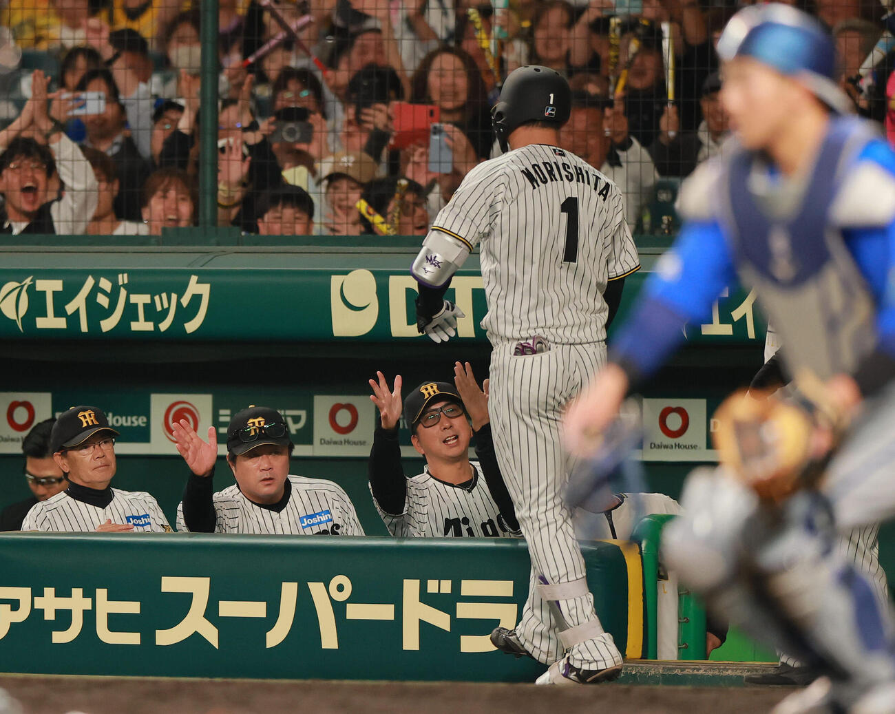 阪神対DeNA 6回裏阪神無死、ソロ本塁打を放った森下翔太（手前）を出迎える藤川球児監督（右）（撮影・上山淳一）