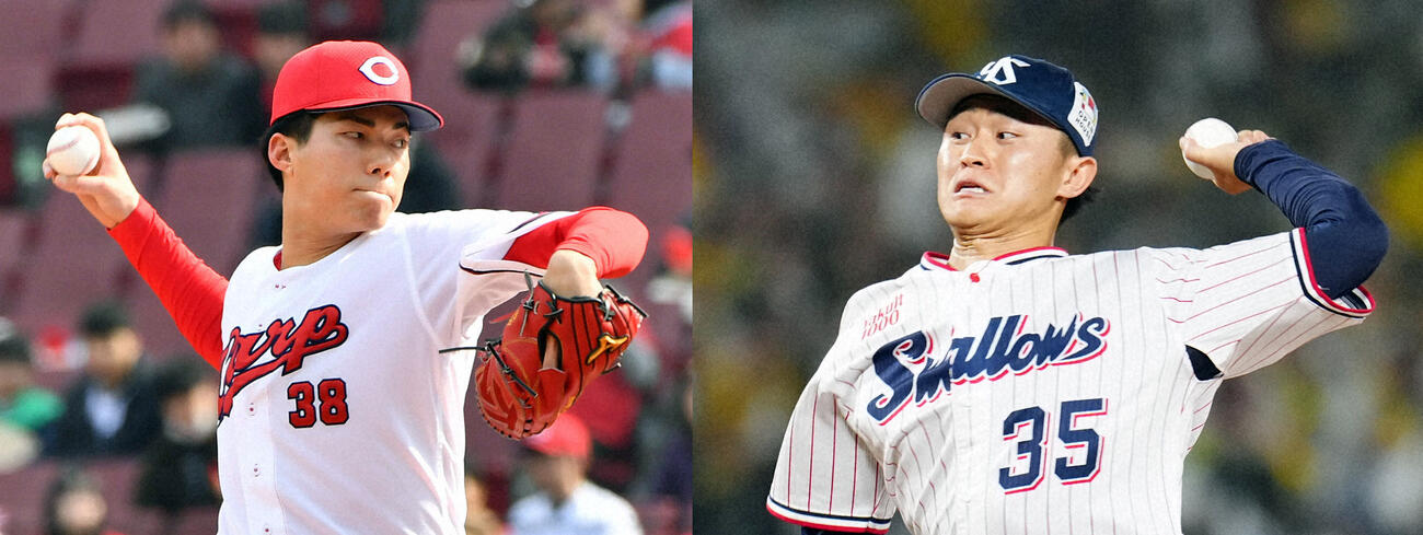 広島赤木晴哉（左）とヤクルト石原勇輝