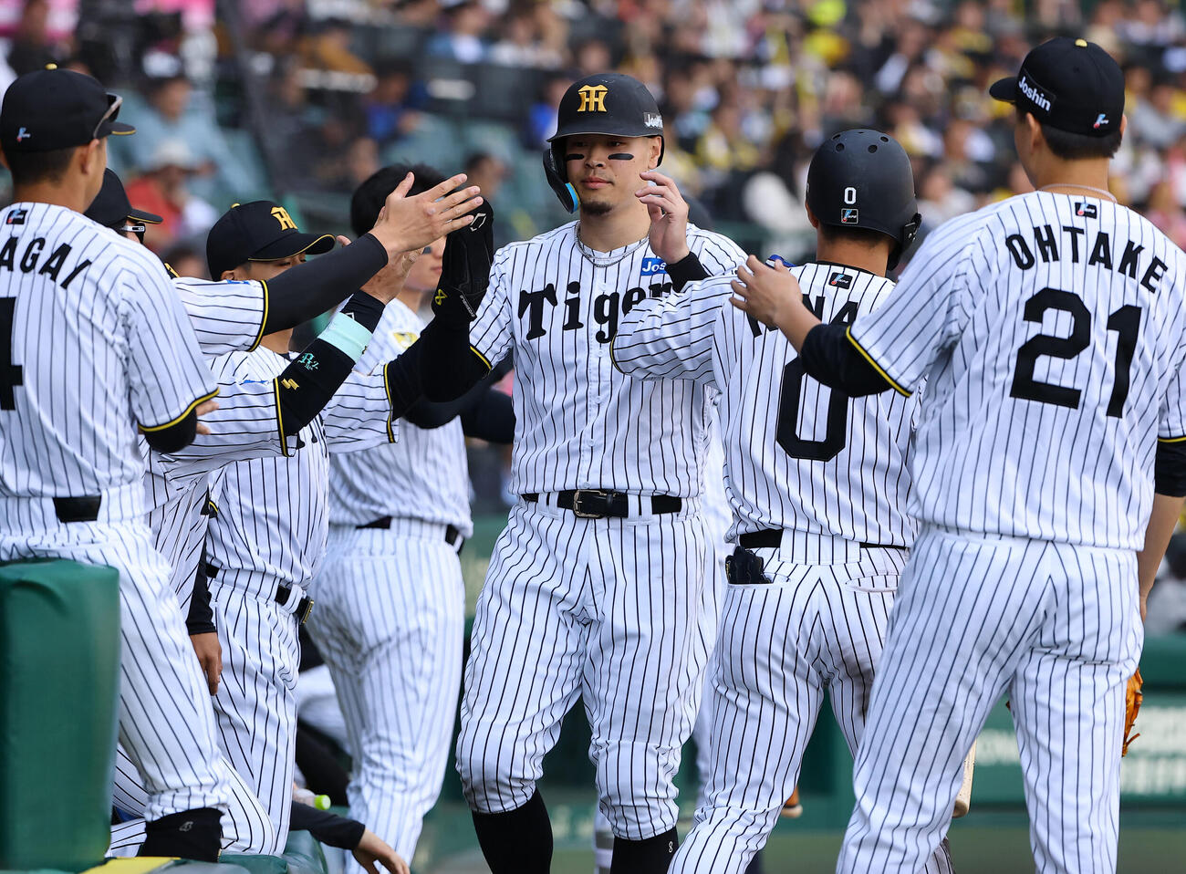 阪神対DeNA 6回裏阪神1死一、三塁、佐藤輝明は木浪聖也の先制犠飛で生還する（撮影・上田博志）