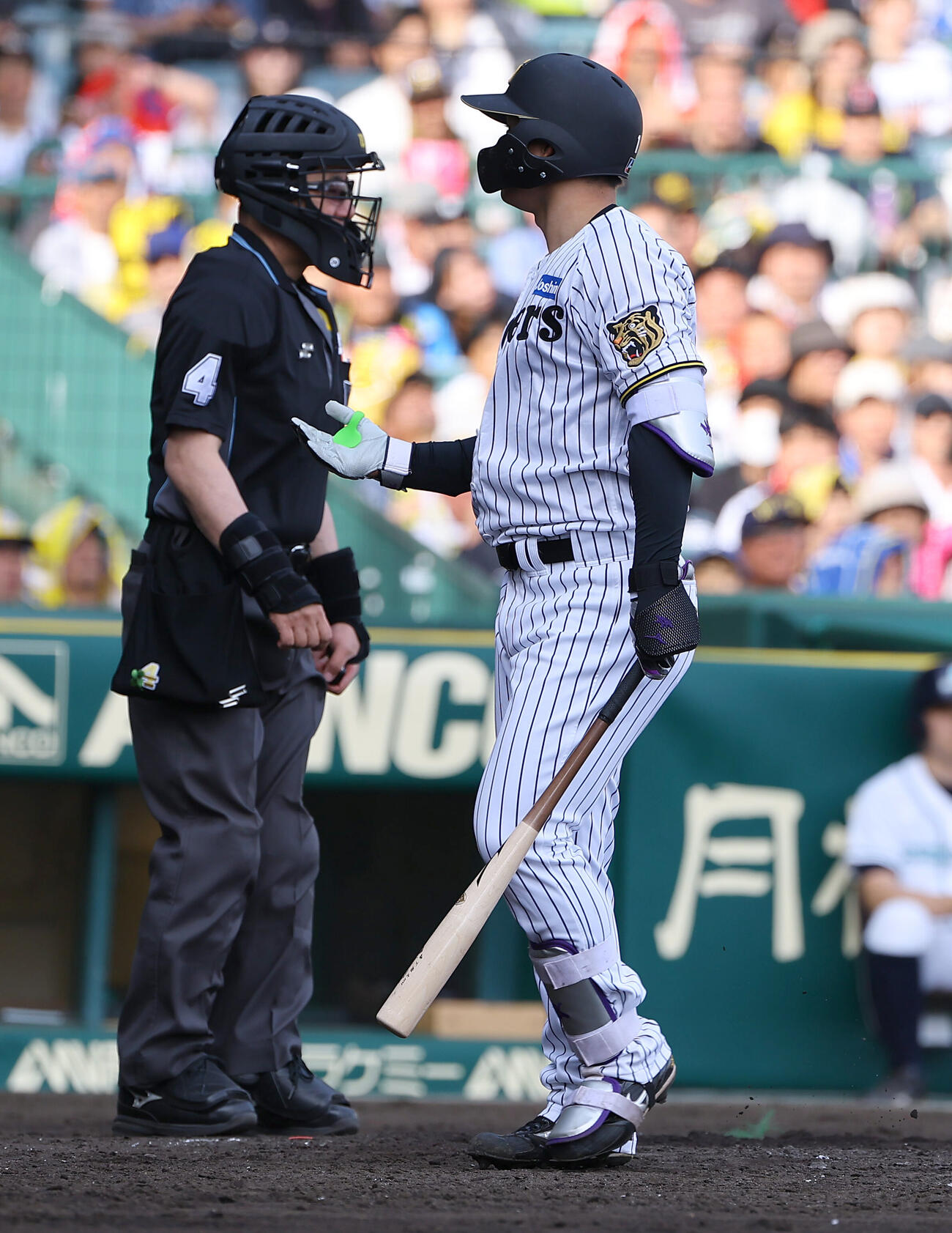 阪神対DeNA 8回裏阪神無死、三振した森下翔太（右）は球審に声を掛ける（撮影・上田博志）