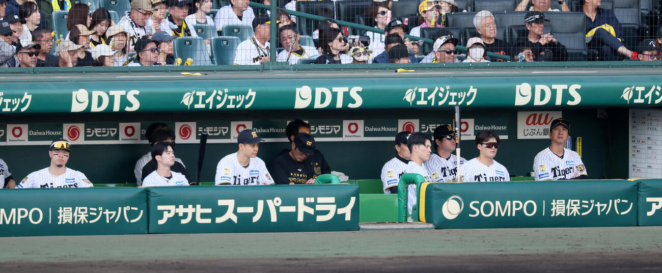 阪神対DeNA 9回裏、ベンチから試合展開を見守る阪神藤川球児監督（右端）とナイン（撮影・加藤哉）