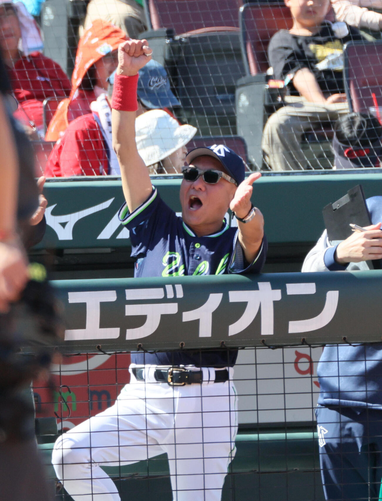広島対ヤクルト　4回表ヤクルト1死一塁、沢井廉の右中間越え2点本塁打を喜ぶヤクルト池山隆寛監督（撮影・加藤孝規）