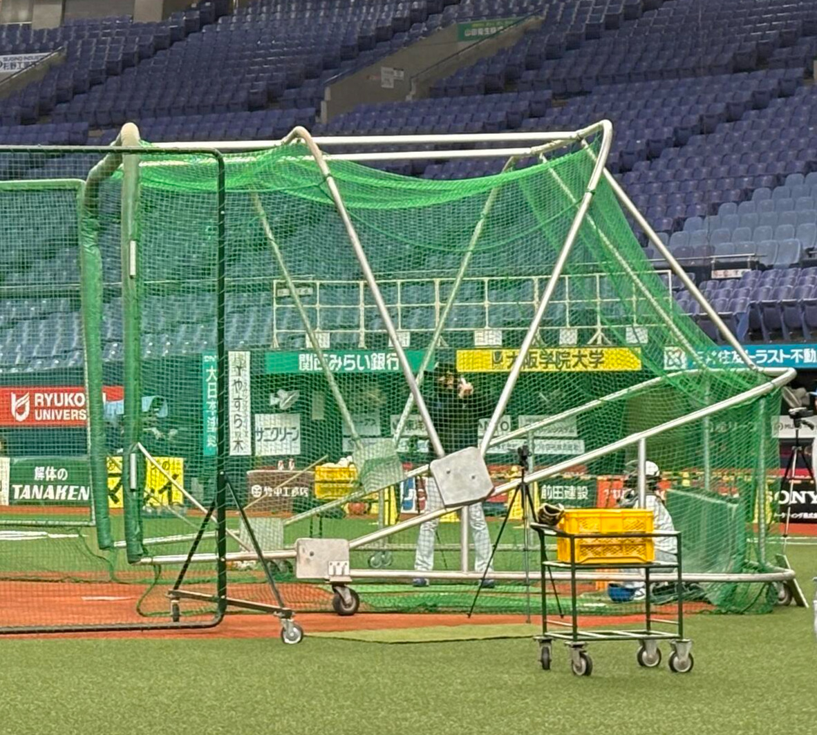 チームの打撃練習前にケージに入って打撃投手のボールを打つ日本ハム新庄監督＝2026年5月10日
