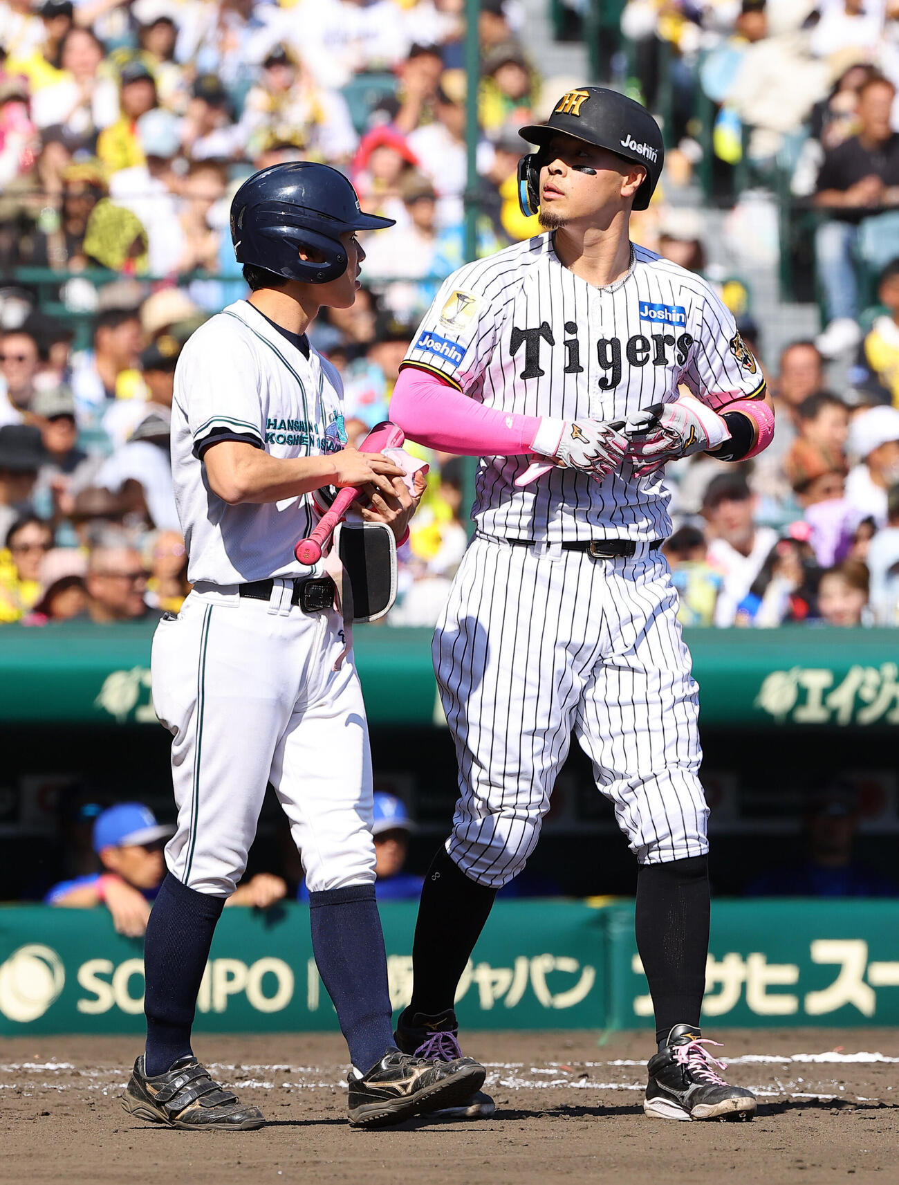 阪神対DeNA 4回裏阪神2死二塁、佐藤輝明は申告敬遠で一塁へ向かう（撮影・上田博志）