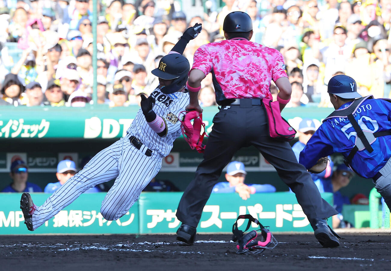 阪神対DeNA 7回裏阪神1死二塁、梅野隆太郎は嶋村麟士朗の適時打で生還する（撮影・上田博志）