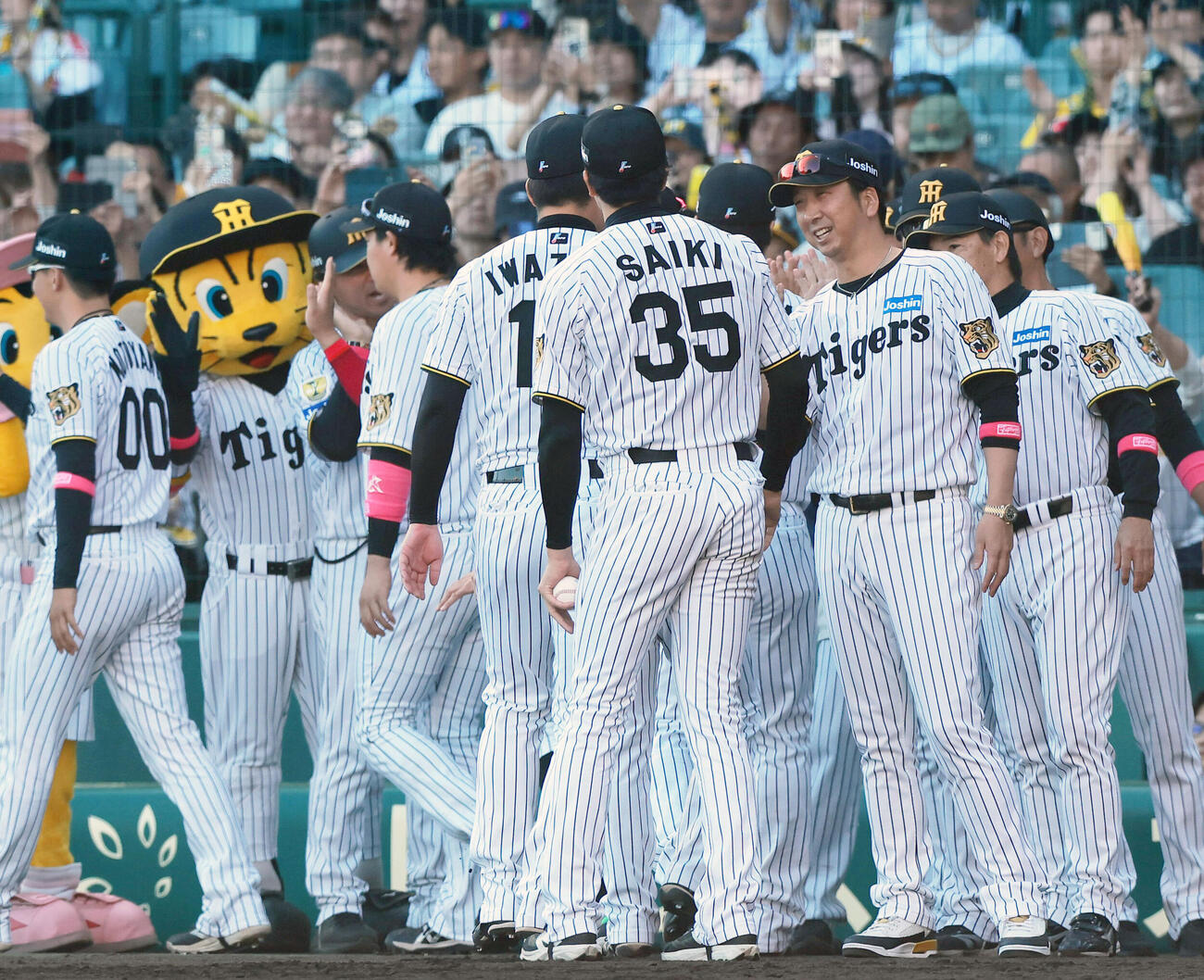阪神対DeNA DeNAに勝利した藤川球児監督（右）はベンチ前でナインとタッチをかわす（撮影・上山淳一）..