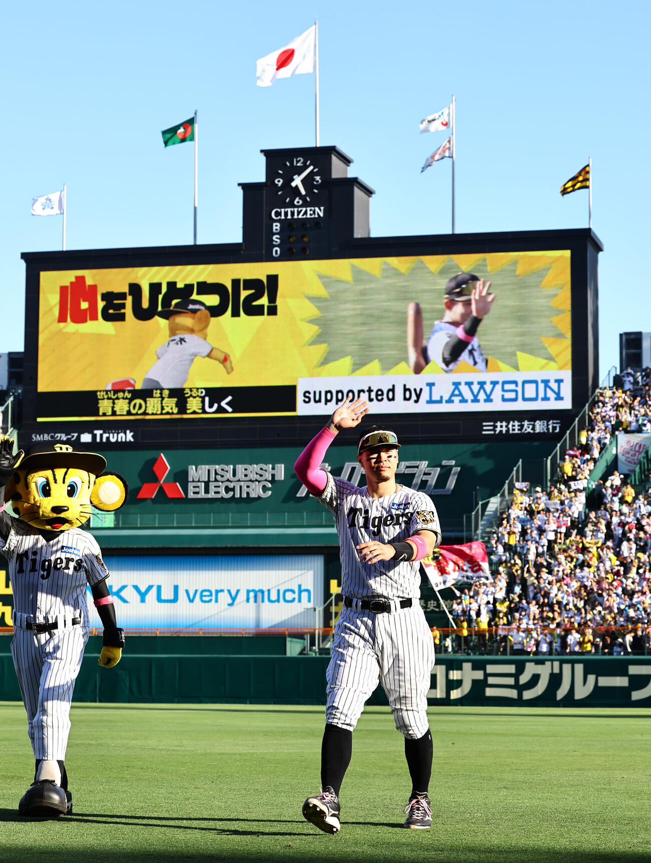 阪神対DeNA　ヒーローの佐藤輝明はファンの歓声に応えながらベンチに引き揚げる（撮影・上田博志）