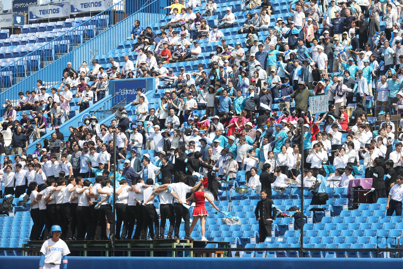 東京6大学野球　法大対東大　7回裏東大2死一、三塁、小村旺輔の適時打に喜ぶ応援団（撮影・柴田隆二）