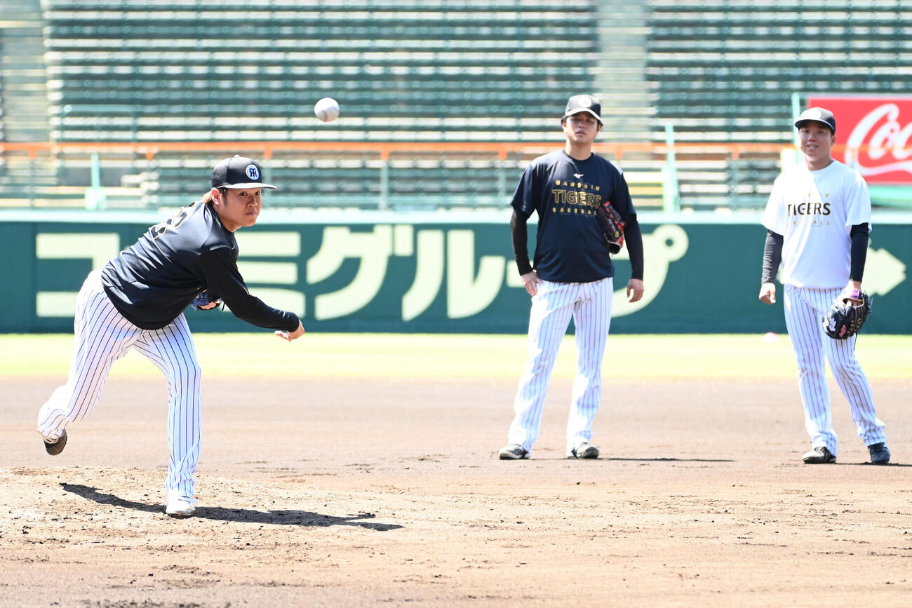 西勇輝（左）の投球を見つめる高橋遥人（中央）、村上頌樹（撮影・石井愛子）