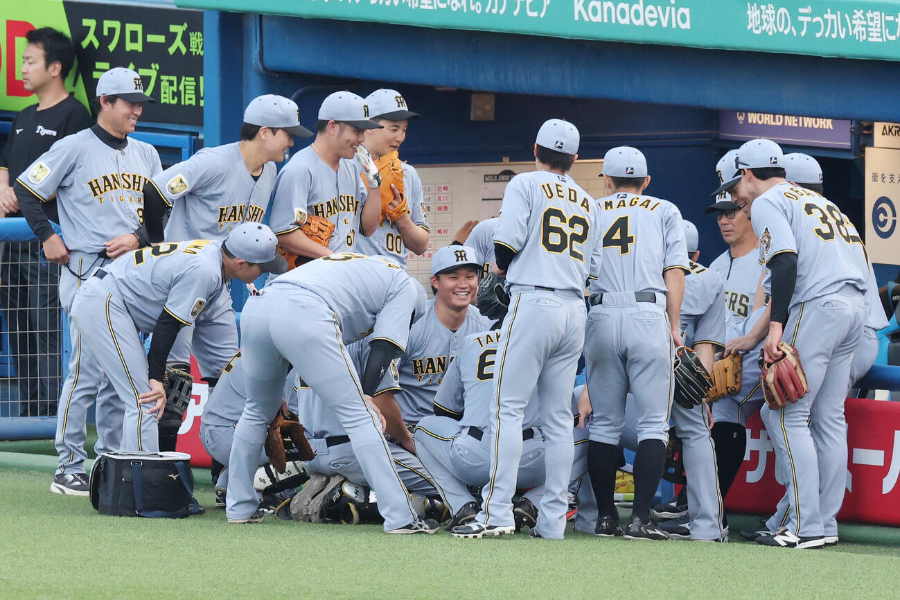ヤクルト対阪神　試合前、円陣を組む阪神の選手たち（撮影・宮地輝）