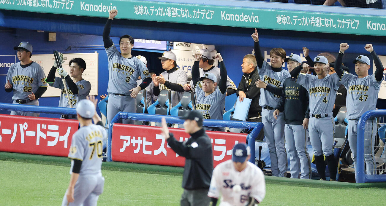 ヤクルト対阪神　9回表阪神無死二塁、伏見寅威が適時二塁打を放ち盛り上がるチームメートたち（撮影・宮地輝）