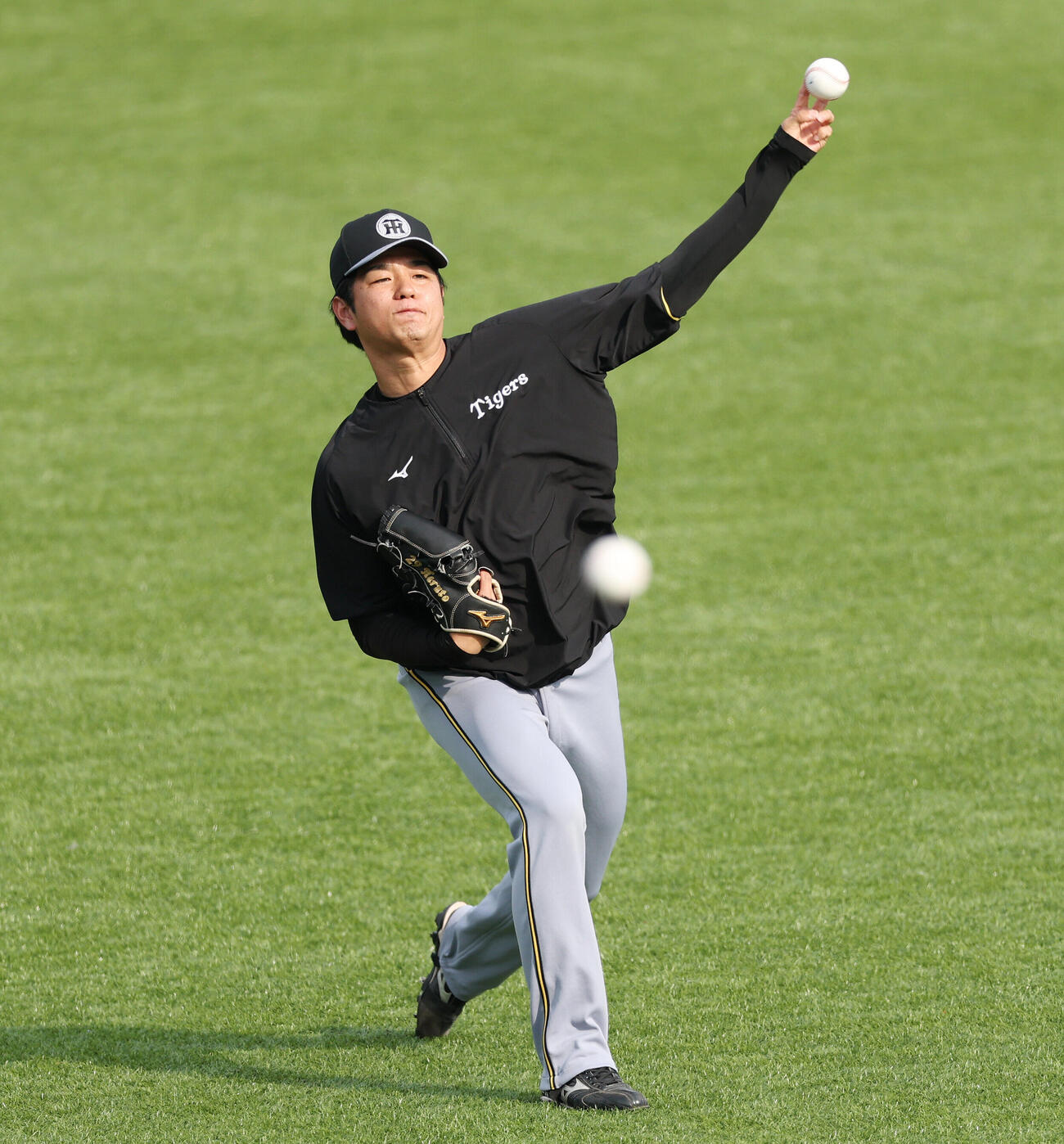 ヤクルト対阪神　試合前練習でキャッチボールする阪神高橋遥人（撮影・宮地輝）