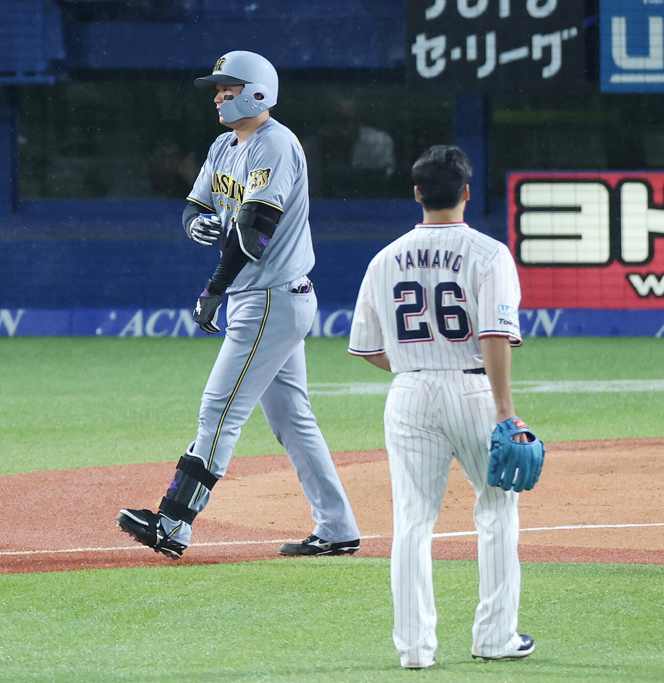 ヤクルト対阪神　1回表阪神1死、死球を受けた森下翔太。投手山野太一（撮影・宮地輝）