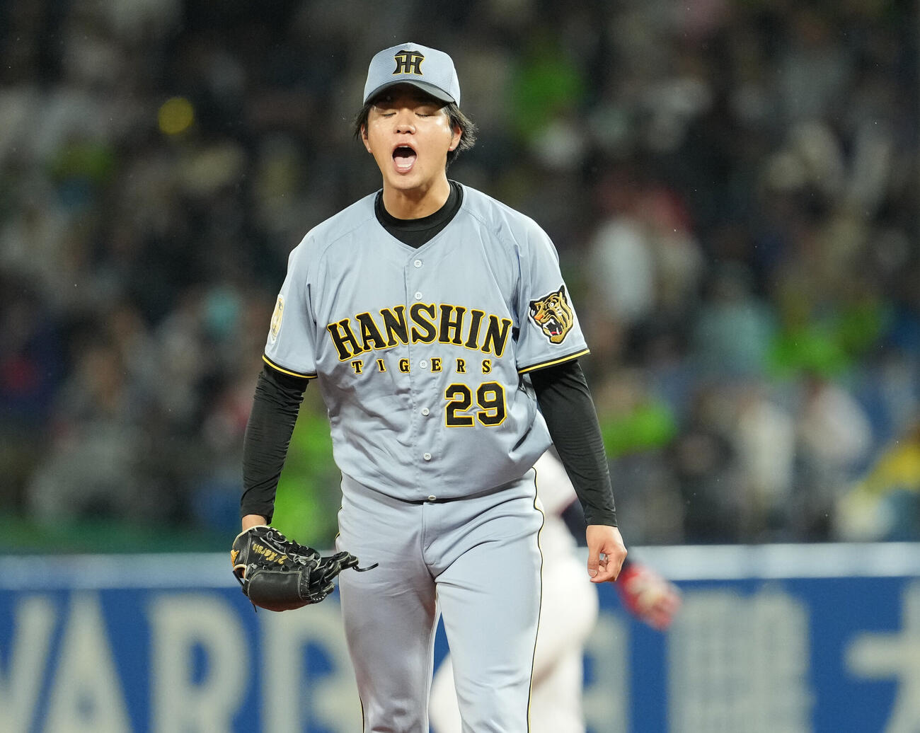 ヤクルト対阪神　6回裏ヤクルト2死一塁、ドミンゴ・サンタナを三振に切り、雄たけびを上げる高橋遥人（撮影・清水貴仁）