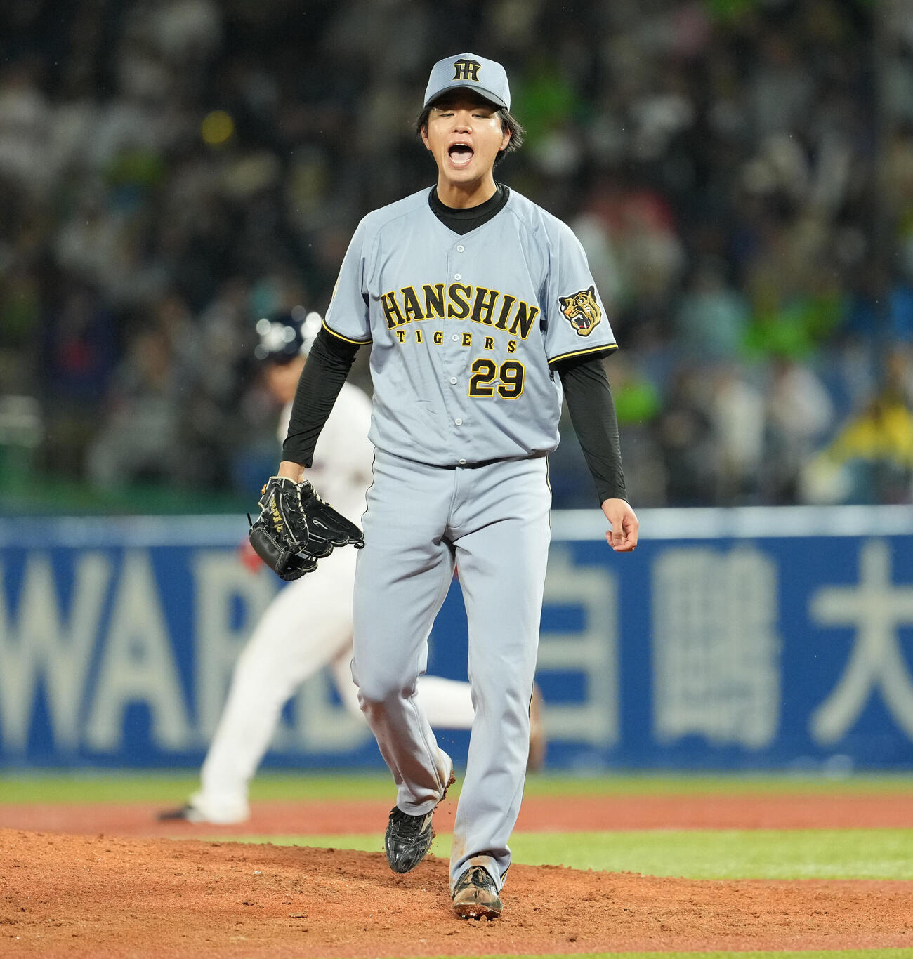 ヤクルト対阪神　6回裏ヤクルト2死一塁、ドミンゴ・サンタナを三振に切り、雄たけびを上げる高橋遥人（撮影・清水貴仁）