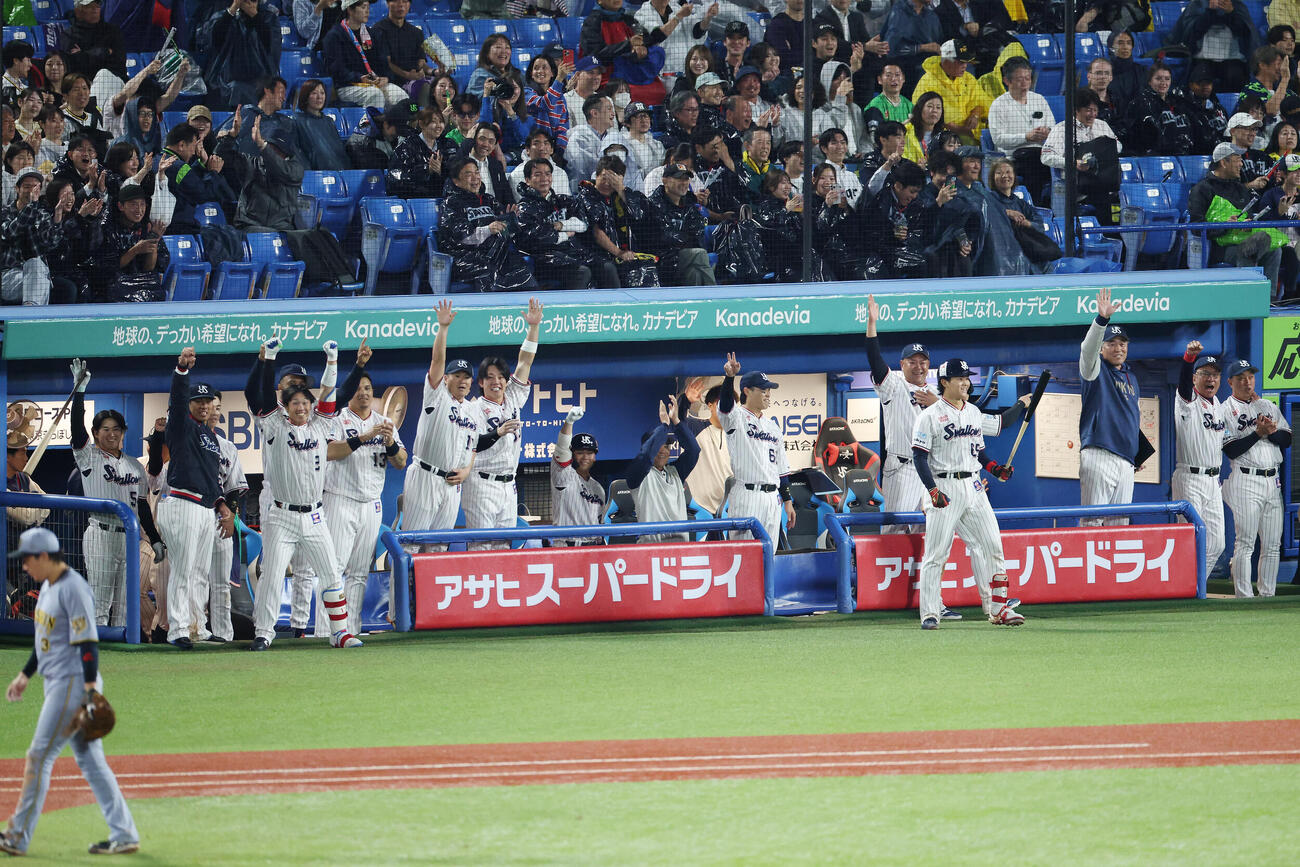 ヤクルト対阪神　8回裏ヤクルト無死二塁、石井巧が適時二塁打を放ち盛り上がるヤクルトナイン（撮影・宮地輝）