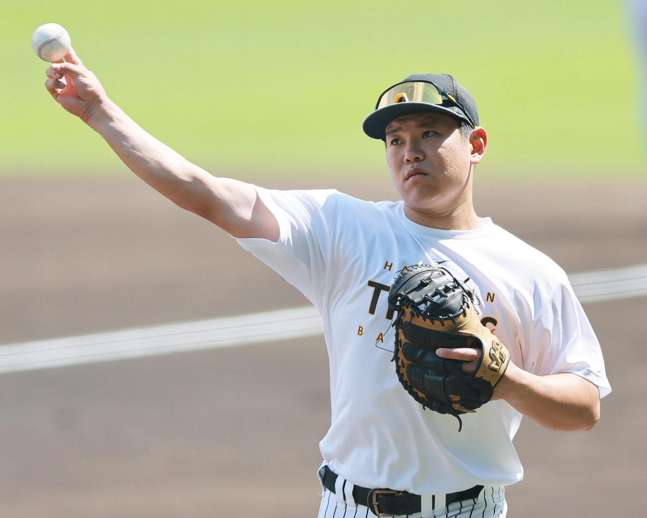 甲子園球場でキャッチボールする阪神嶋村麟士朗（撮影・上山淳一）