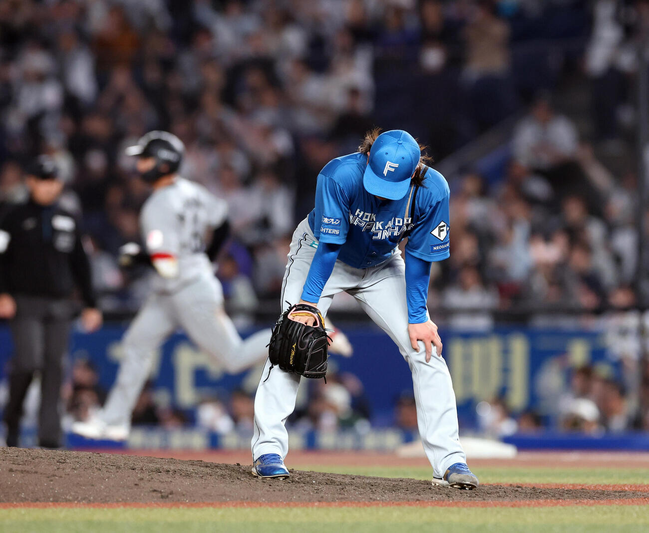 ロッテ対日本ハム　6回裏ロッテ無死、西川史礁（奥）にソロ本塁打を許し、がっくりの細野晴希（撮影・浅見桂子）
