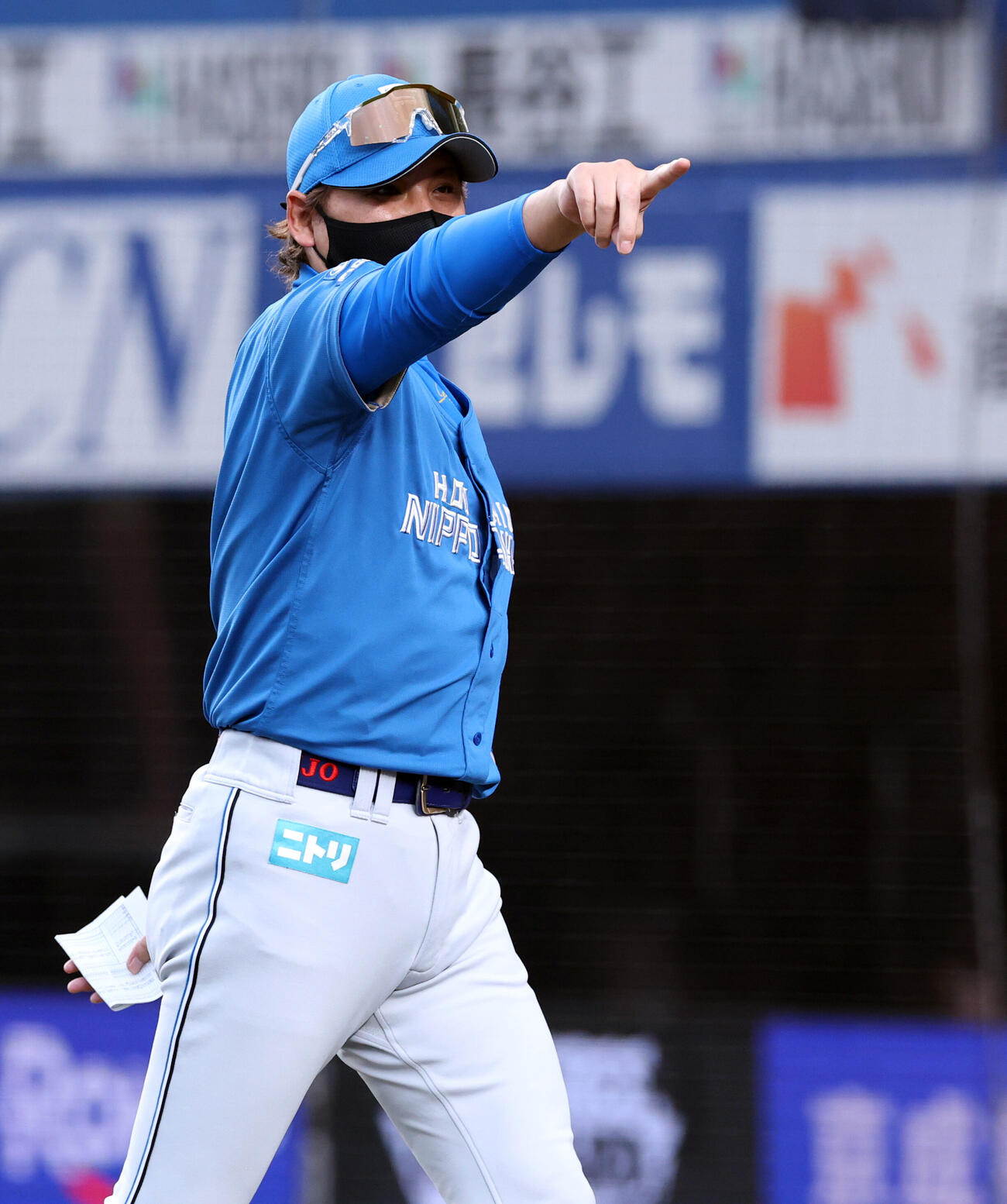 ロッテ対日本ハム　スタンドを指さす日本ハム新庄剛志監督（撮影・浅見桂子）