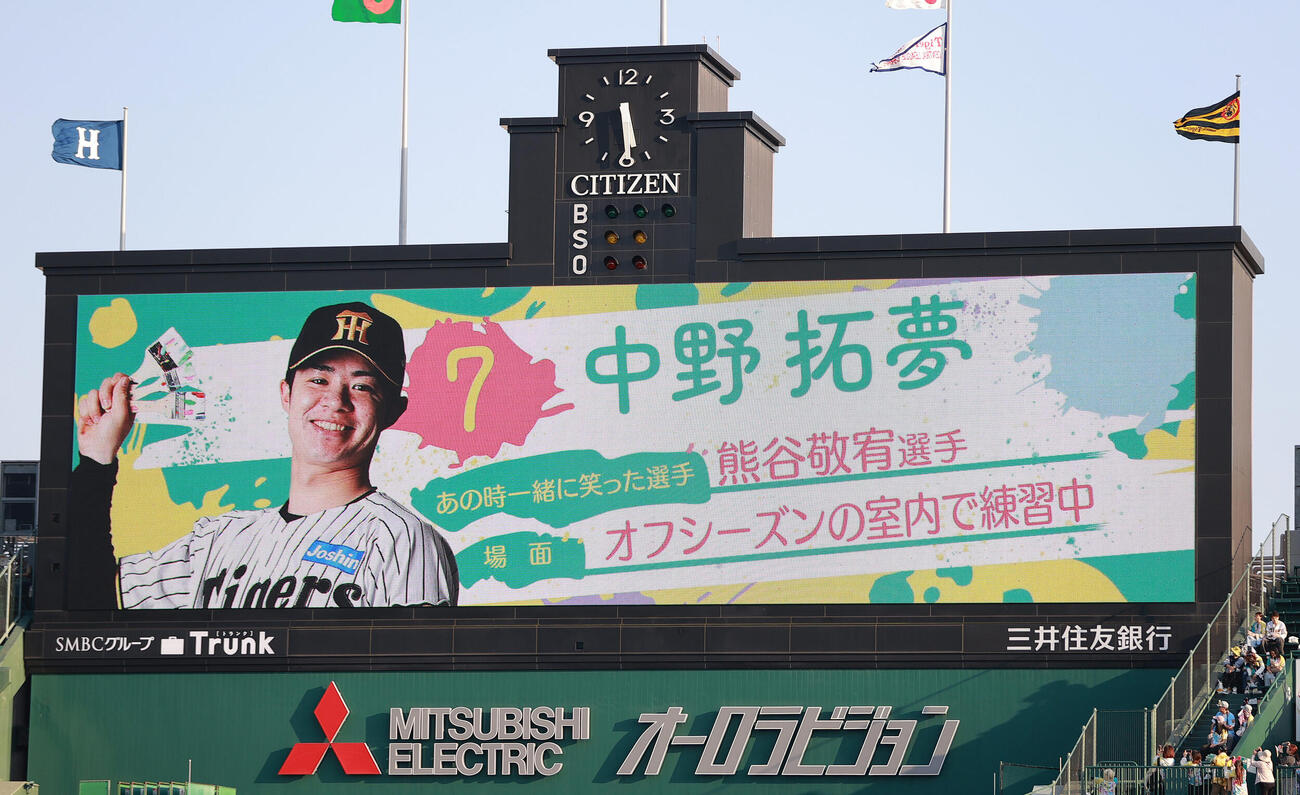 阪神対広島　TORACO DAY演出映像の阪神中野拓夢（撮影・上山淳一）