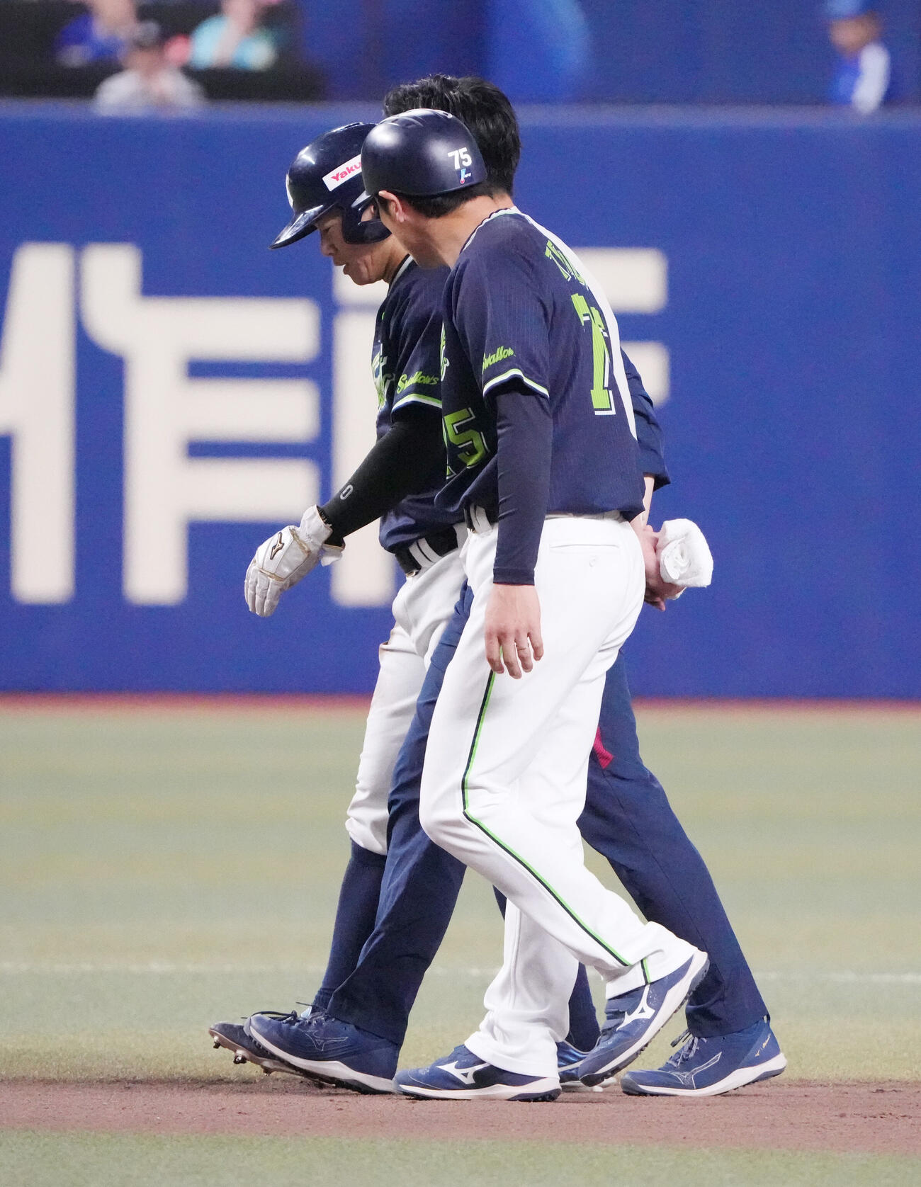 中日対ヤクルト　6回表ヤクルト1死一塁、並木秀尊（左）は盗塁成功するも負傷しベンチへ戻る（撮影・森本幸一）