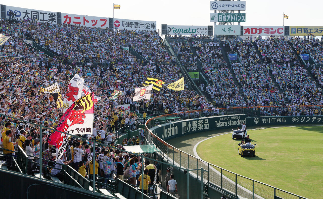 阪神対広島　ヒーローインタビューを終え場内1周する阪神村上頌樹（右）と佐藤輝明（撮影・加藤哉）