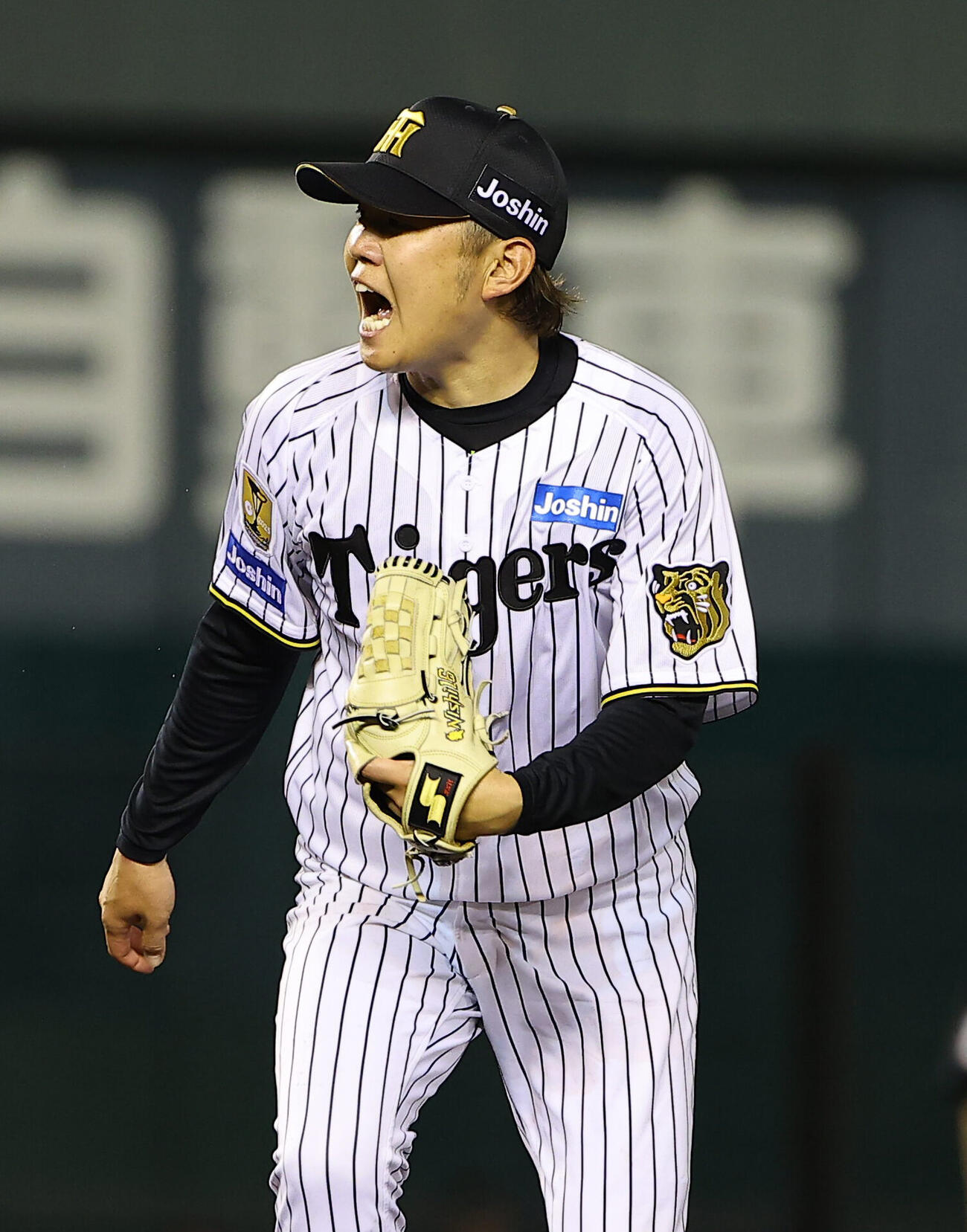 阪神対中日　5回表中日2死一、二塁、石伊雄太から三振を奪い雄たけびを上げる西勇輝（撮影・上田博志）