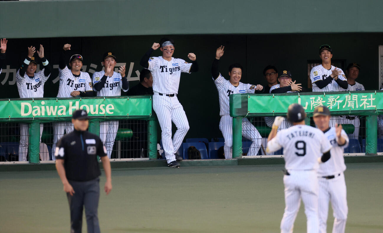 阪神対中日　2回裏阪神無死、立石正広が中前打を放ち盛り上がるベンチのナイン（撮影・加藤哉）