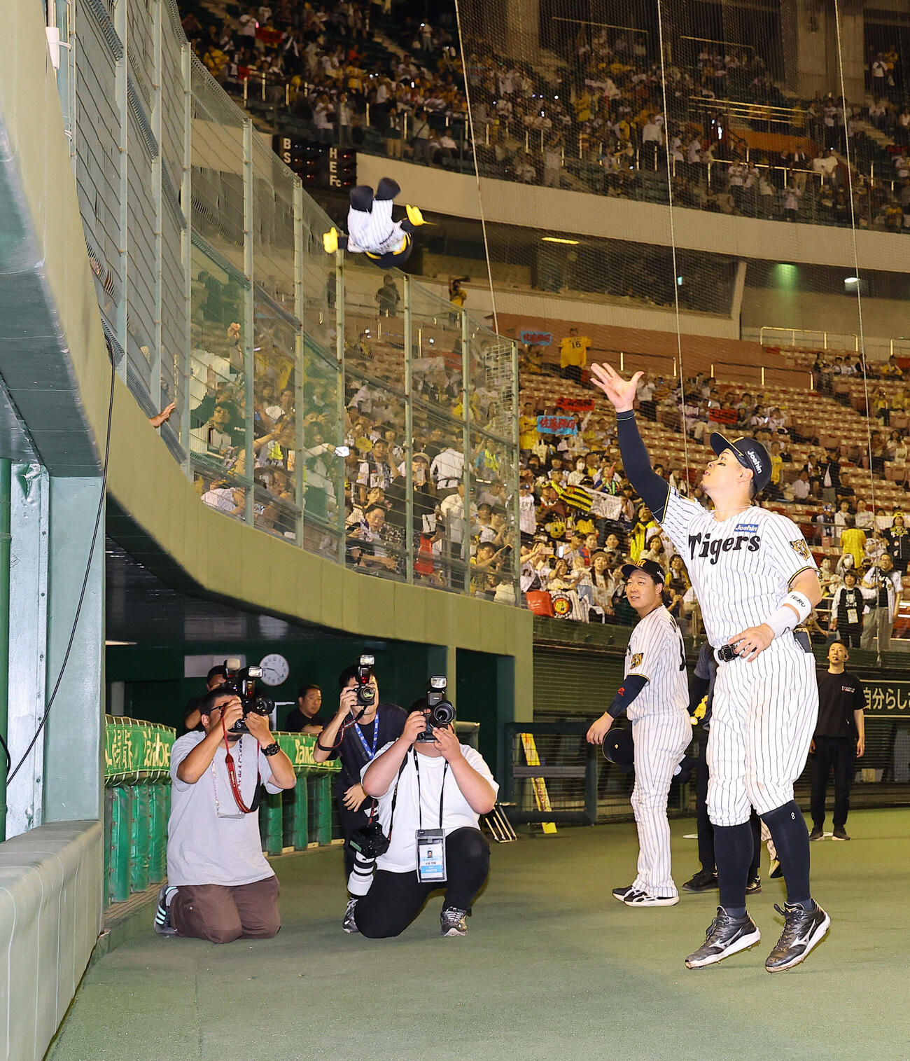 阪神対中日　佐藤輝明はスタンドにトラッキー人形を投げる（撮影・上田博志）