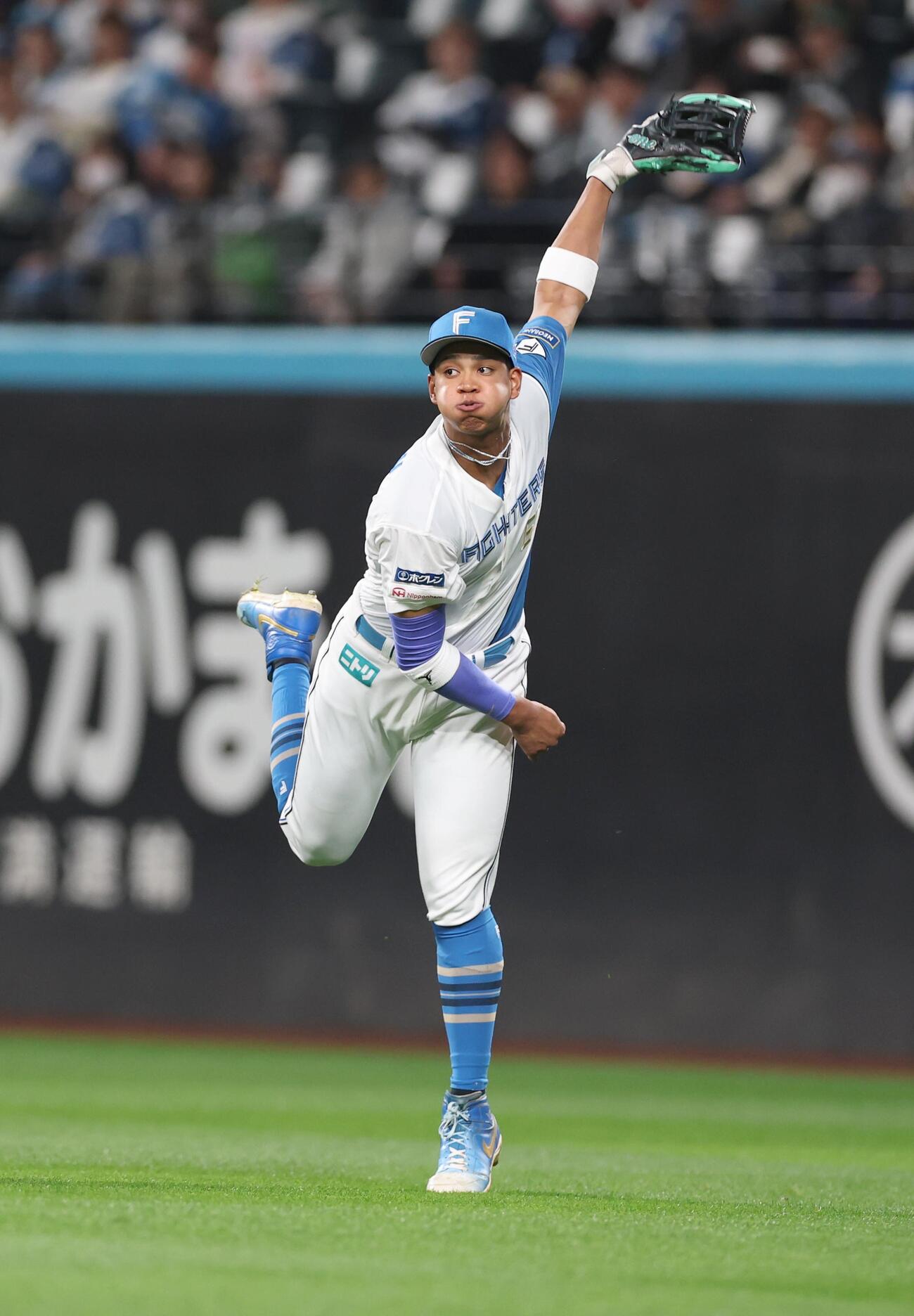 日本ハム対楽天　2回表楽天2死一、二塁、小郷裕哉の右前打で二走渡辺佳明を本塁でアウトにする万波中正（撮影・黒川智章）