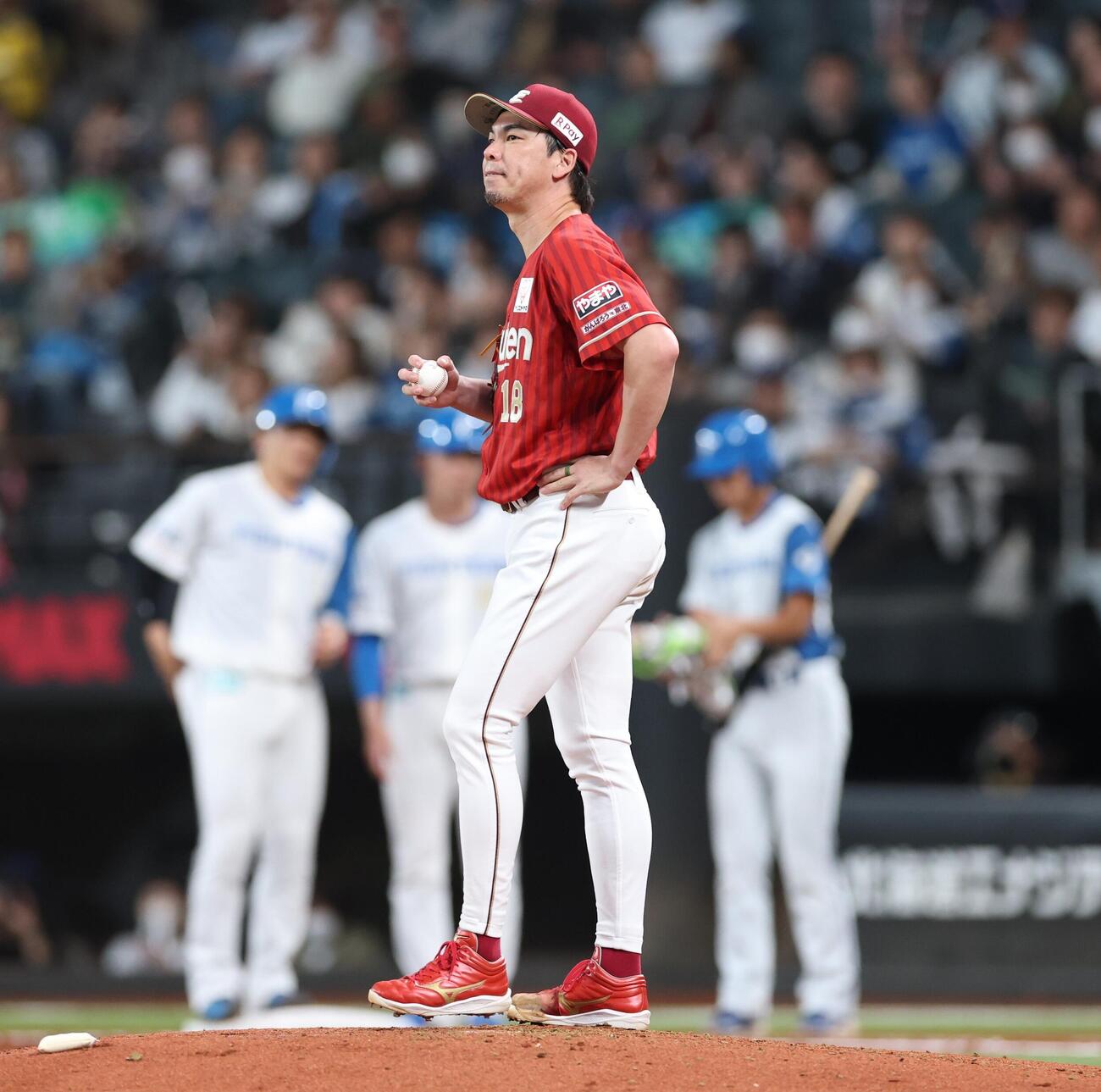 日本ハム対楽天　1回裏、郡司裕也に適時打を浴びた前田健太（撮影・黒川智章）＝2026年5月20日