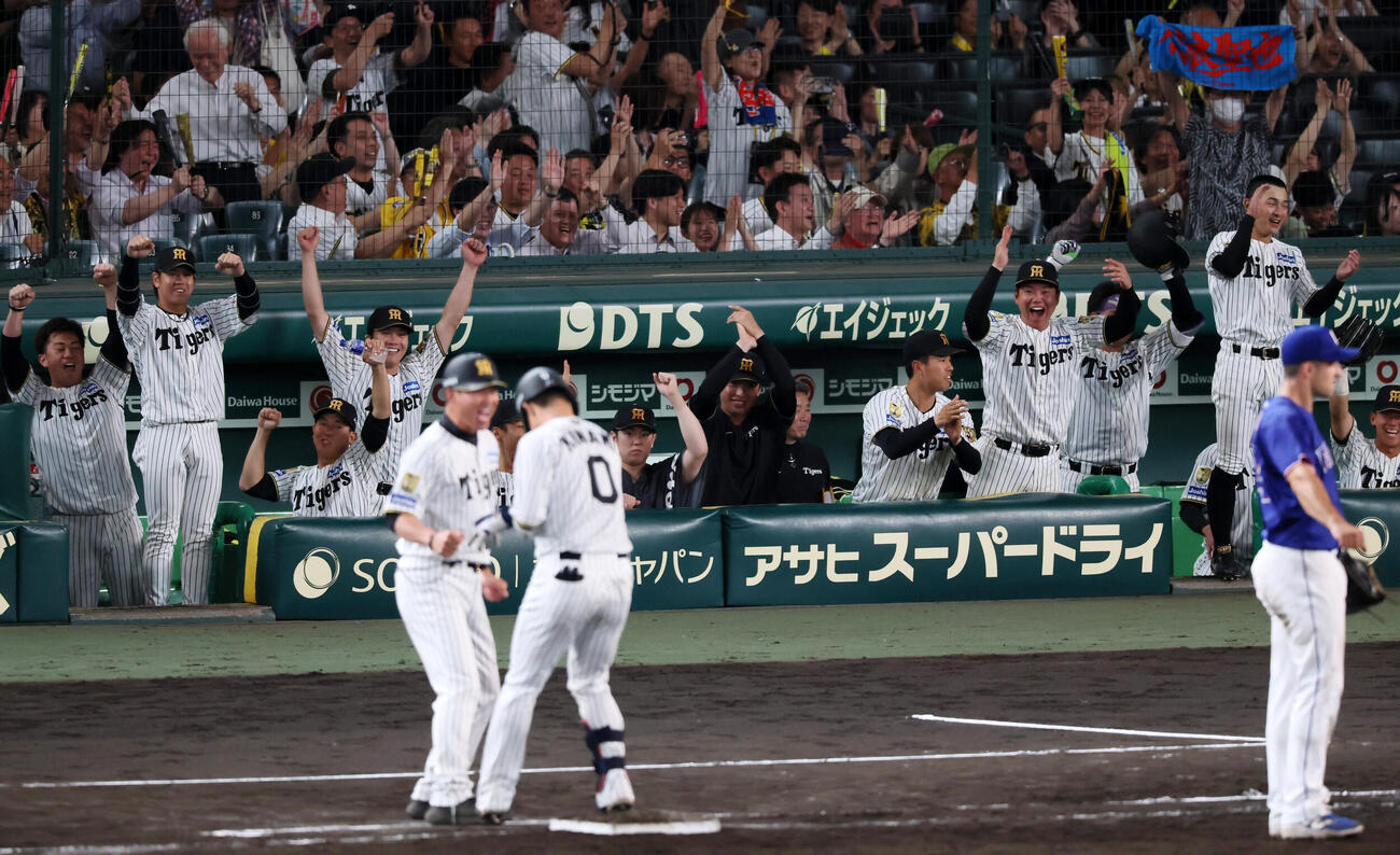 阪神対中日　8回裏阪神2死一、三塁、代打木浪聖也の中前適時打で同点となり盛り上がるベンチのナイン（撮影・加藤哉）