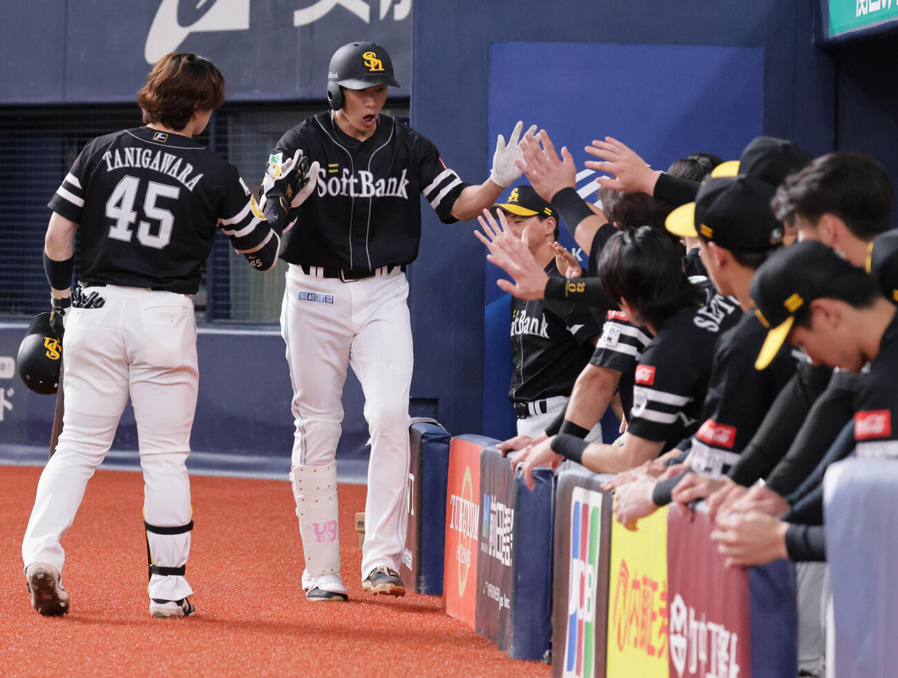 オリックス対ソフトバンク　9回表ソフトバンク無死、柳田悠岐は本塁打を放ちハイタッチ（撮影・宮崎幸一）