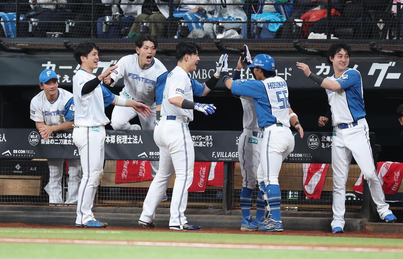 日本ハム対楽天　6回裏、2点本塁打を放った細川凌平をベンチ前で出迎えるナイン（撮影・黒川智章）