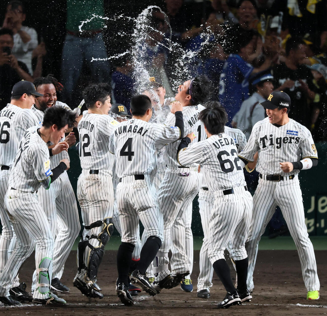 阪神対中日　9回裏阪神無死、森下翔太は左越えサヨナラソロ本塁打を放ち歓喜のナインが待つホームベースに生還（撮影・加藤哉）