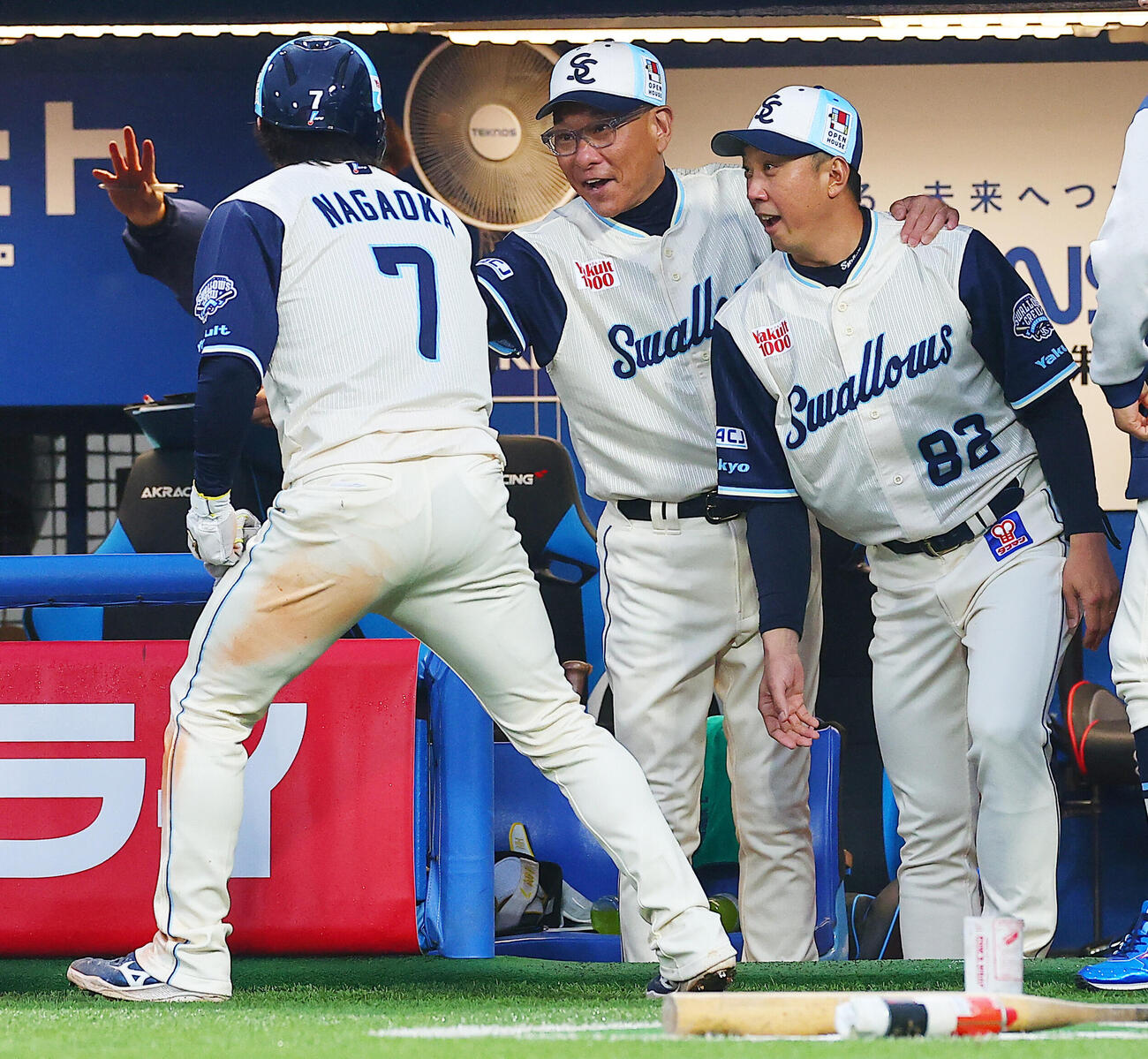 ヤクルト対巨人　1回裏ヤクルト無死二、三、鈴木叶の三ゴロで先制の生還をした長岡秀樹を迎える池山隆寛監督（左端）ら（撮影・野上伸悟）＝2026年5月21日