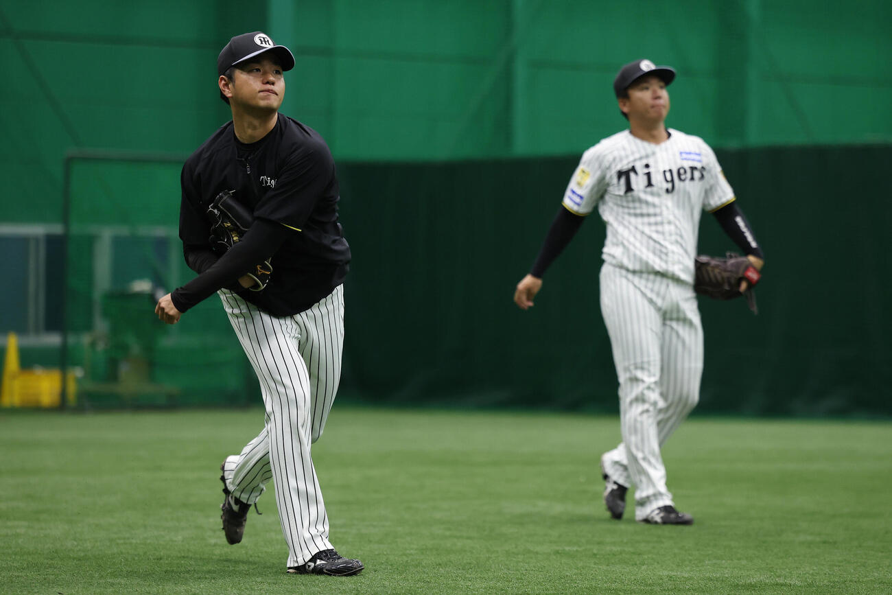 キャッチボールで調整する阪神高橋遥人（左）と村上頌樹（撮影・前田充）＝2026年5月21日
