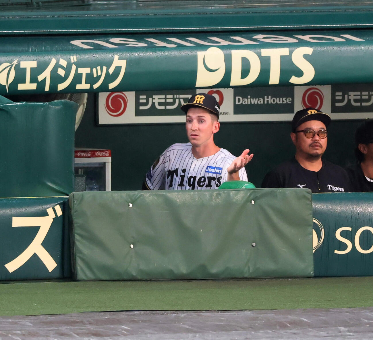 阪神対中日　ベンチの中から雨の様子を確認する阪神キャム・ディベイニー（撮影・加藤哉）2026年5月21日